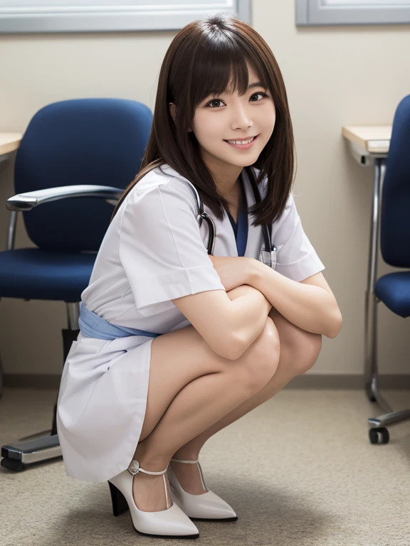 ((highest quality)), ((masterpiece)), (detailed), One girl,Slender beauty, whole body,sexy, hospital,Sitting on a chair,Spread your legs,White nurse uniform,Miniskirt,4K quality,Upper body naked,