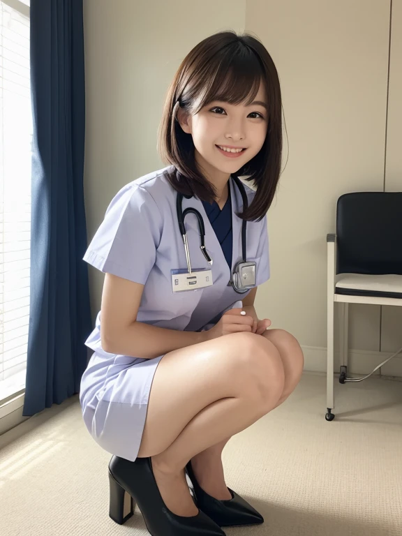 ((top quality, 8K, muste piece: 1.3、Equal)), beauty, one japanese girl, nurse, whole body, perfect anatomy, Are standing, black hair, Blunt Bangs, Lower ponytail, 25years old, Full body focus, detailed face, highly detailed lips, fine eyes, sweaty skin: 1.2, ((nurse uniform, white dress,Full body image、front1.2、Low - Angle1.2、Squat down and place your feet shoulder-width apart))、(White panties、White pantyhose 1.5、White nurse sandals)、((Photographed from below the front))、Anatomically thorough body、smile、(Beautiful breasts、Pointed Breasts、There are)、((The hem is long and reaches below the knee1.5))、A body that perfectly adheres to anatomy)