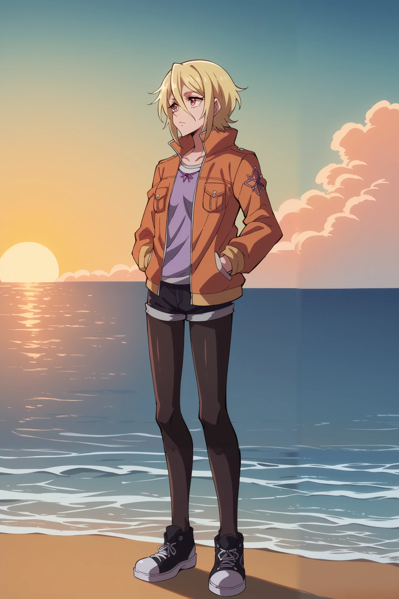 score_9, score_8_up, score_7_up, score_6_up, score_5_up,  blonde in profile, 1 girl  blonde in profile  светло-золотистые волосы до лопаток  , bangs on the forehead,   hair between eyes  ,  raspberry eyes ,  dark pink eyes ,   short warm hooded jacket , short warm shorts , warm tights , tall black sneakers with laces .   hands in pockets  .   stands on the seashore  , Sunset, twilight. sea, looks at the sea, 1 girl, solo, 
