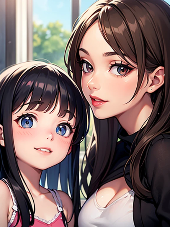 masterpiece, best quality, ultra-detailed, beautiful detailed eyes, jitome, (2girls:1.6)、((The woman on the right has short blonde hair、The woman on the left has black hair in a ponytail.)), (mid breast, from below), Adult women、blush, pout, open wavy mouth, close up eyes,, standing straight, cleavege,