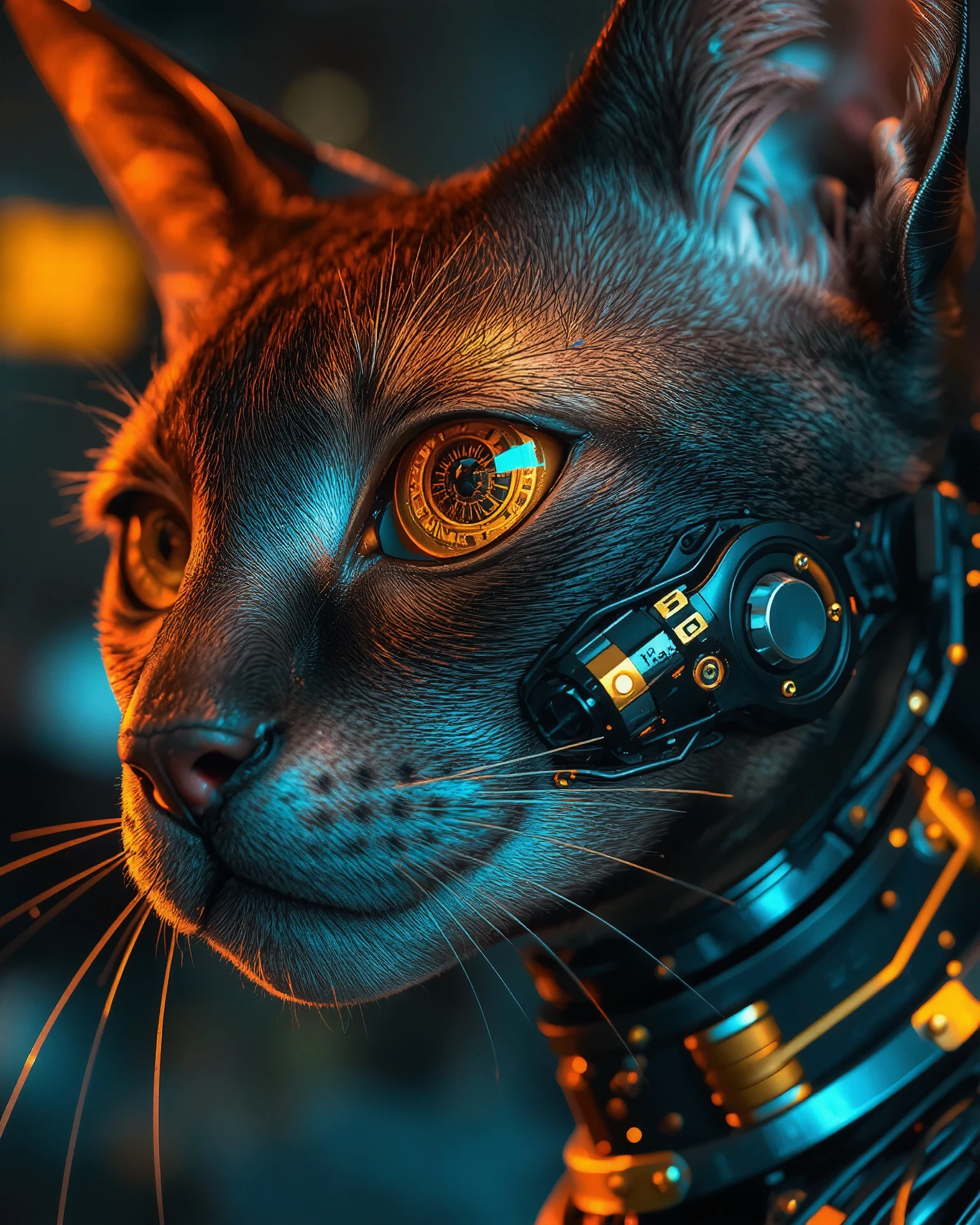 ((A close-up portrait side view look away of a cyberpunk cat with a hyper-realistic biomechanical face)). Detailed cat skin texture seamlessly integrated with futuristic mechanical implants . One large gold cybernetic eye with intricate patterns. smooth and reflective metallic details on her face. Lighting is warm and dynamic, highlighting every contour and texture. Futuristic and sci-fi atmosphere, highly detailed and realistic digital art. (Cyberpunk realism, Biomechanical details) (Dynamic lighting with neon highlights) (((glowing circuits, metallic implants))), (((black And gold theme)))