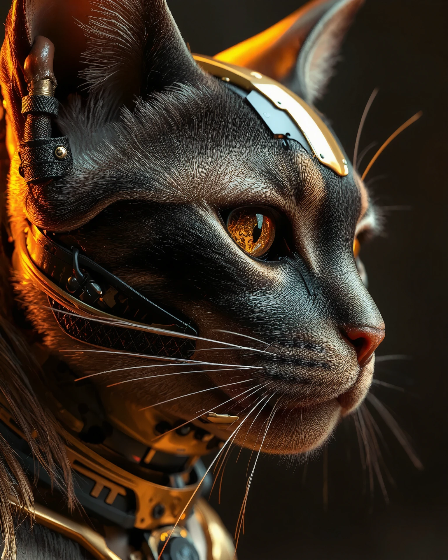 ((A close-up portrait side view look away of a cyberpunk cat with a hyper-realistic biomechanical face)). Detailed cat skin texture seamlessly integrated with futuristic mechanical implants . One large gold cybernetic eye with intricate patterns. smooth and reflective metallic details on her face. Lighting is warm and dynamic, highlighting every contour and texture. Futuristic and sci-fi atmosphere, highly detailed and realistic digital art. (Cyberpunk realism, Biomechanical details) (Dynamic lighting with neon highlights) (((glowing circuits, metallic implants))), (((black And gold theme)))