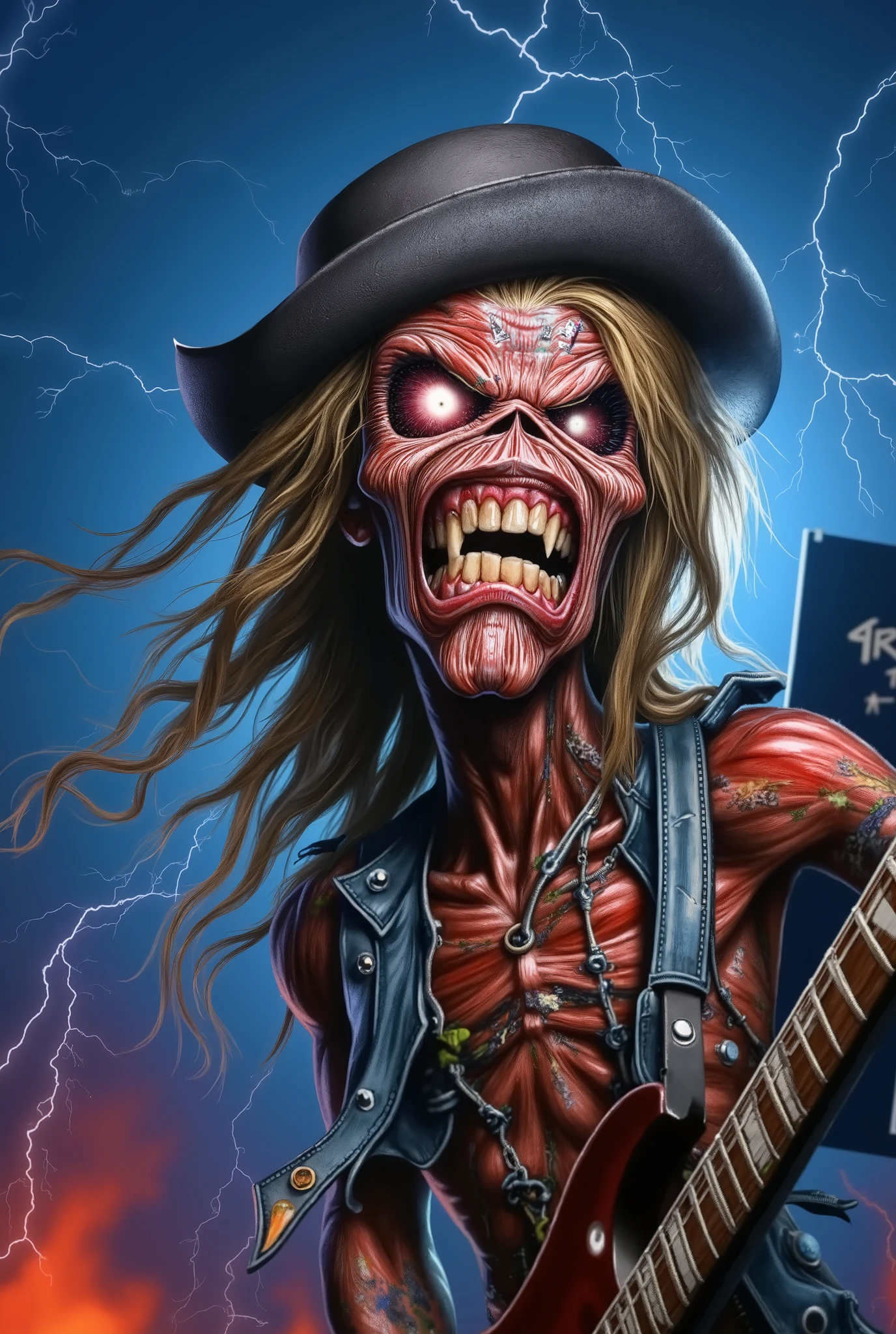 Close-up face , Eddie in dynamic zombie pose ((wearing múmia costume )), múmia clothes, raiva, (((playing guitar))), Estilo Iron Maiden, Eddie do Iron Maiden. foto crua de alta qualidade, excellent composition (cinematic lighting, cinematic colors, texto, obra de arte, alto detalhe, melhor qualidade, fotorrealismo, Ultrarrealismo, 8K HDR: 1.2), abstract galaxy and thunder background.