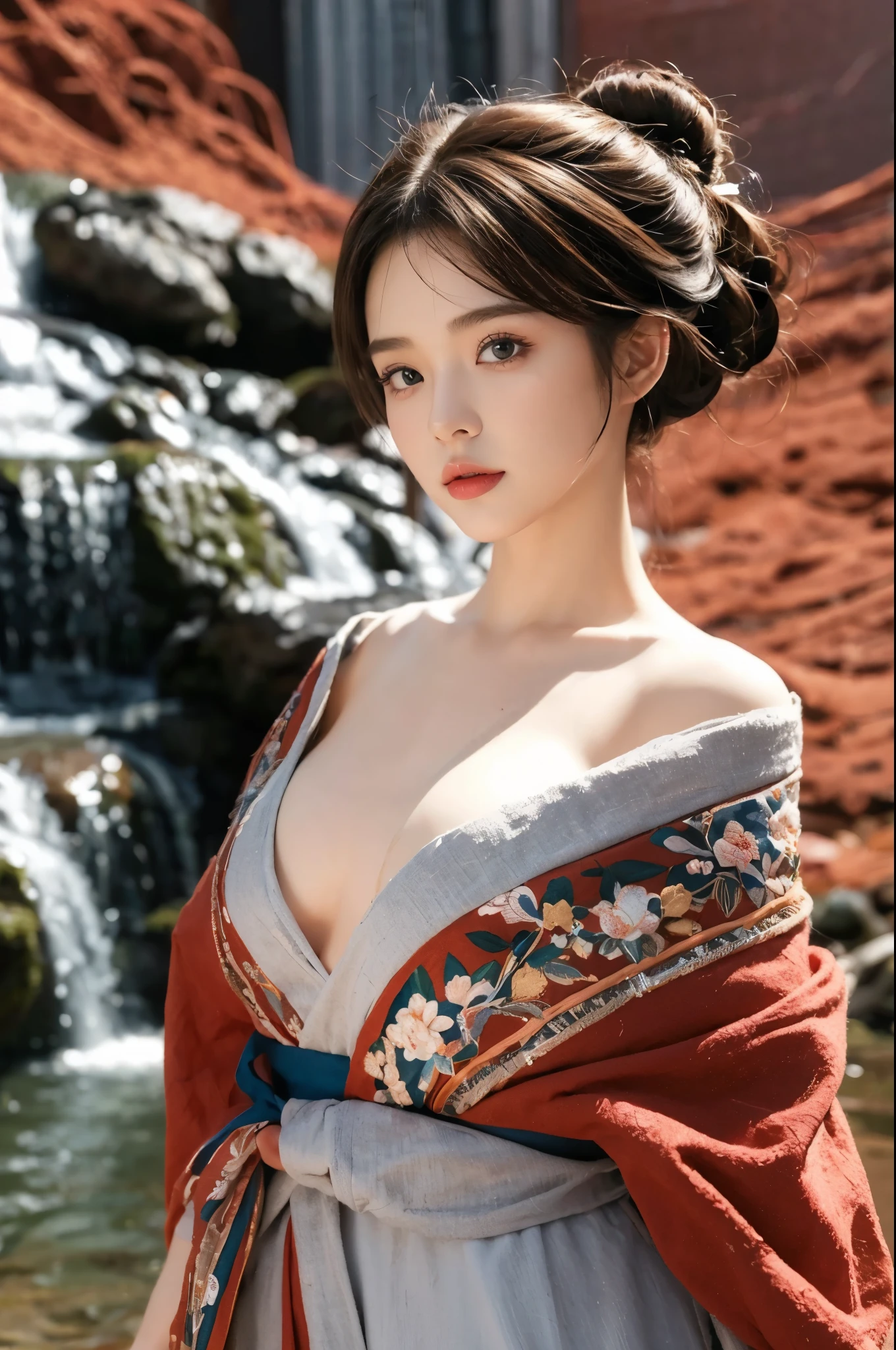Watch the audience、background((Japan Ancient Capital:1.2)And the moon、((浓密的background))、(rich and colorful:0.8),,(Solitary:1.2), (Ink splash),(Colorful),((Watercolor))),rest {{{Luxurious Kimono(rich and colorful kimono(Delicate gold embroidery,))}}}、Face perfect,Depicting beautiful and elegant women in Japan。(Ponytail:1.5)、A woman with shiny black hair、Perfect hands、There is a heart in the eyes,Large Breasts,Cleavage,whole body。 wallpaper 8k, .用镰刀模糊background,((On the table)), ((best quality)),epic(Lige Fries Photography、Sony a7、50 mm、Pores:1.5、color、Ultra Detailed:1.5、Film particles:1.4、Surrealism:1.5)、Octan Rendering、 Ultra-realistic textures、masterpiece、Unreal Engine 5、Extremely detailed CG Unity 8K wallpaper Very detailed photo、Ultra-realistic lighting、(Pulitzer Award for Best Cinematography、Taylor Wesing Award for Best Cinematography)