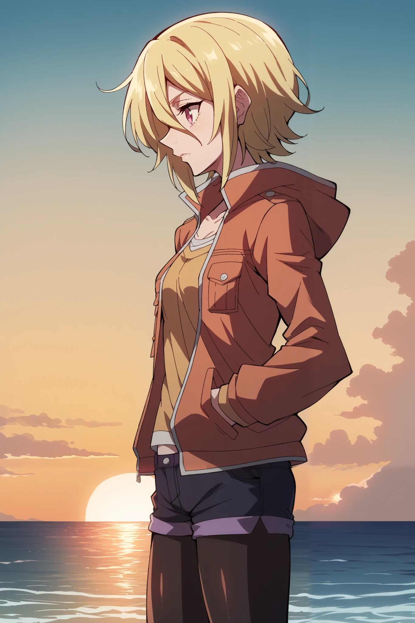 score_9, score_8_up, score_7_up, score_6_up, score_5_up, blonde in profile, 1 girl blonde in profile светло-золотистые волосы до лопаток , bangs on the forehead, hair between eyes , raspberry eyes , dark pink eyes , short warm hooded jacket , short warm shorts , warm tights . hands in pockets . stands on the seashore , Sunset, twilight. sea, looks at the sea, 1 girl, solo,
