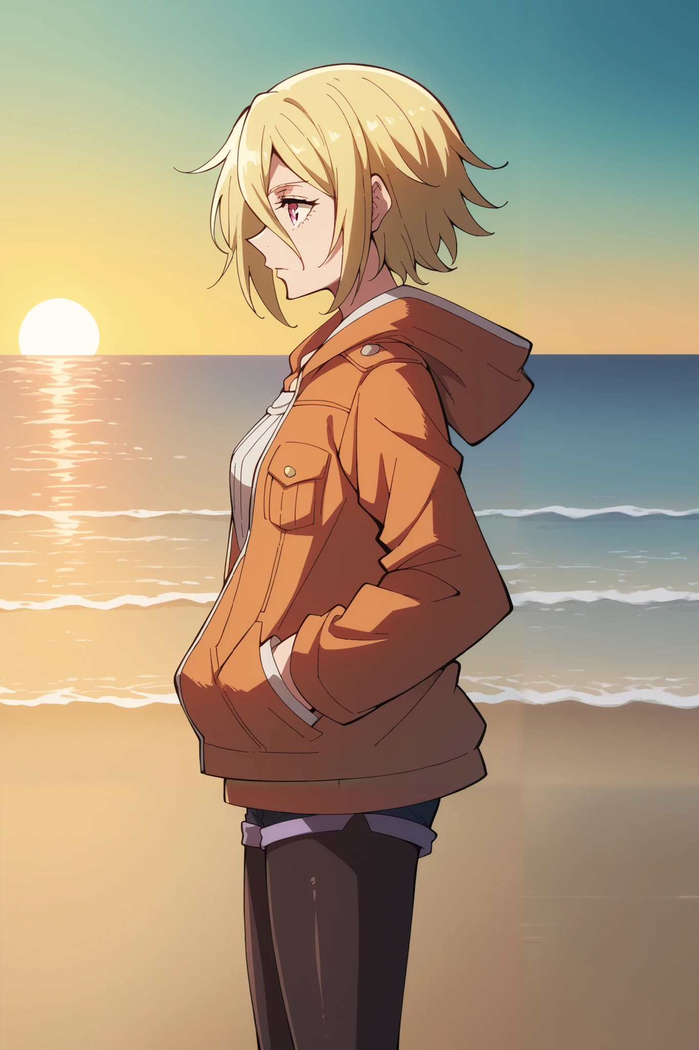 score_9, score_8_up, score_7_up, score_6_up, score_5_up, blonde in profile, 1 girl blonde in profile светло-золотистые волосы до лопаток , bangs on the forehead, hair between eyes , raspberry eyes , dark pink eyes , short warm hooded jacket , short warm shorts , warm tights . hands in pockets . stands on the seashore , Sunset, twilight. sea, looks at the sea, 1 girl, solo,