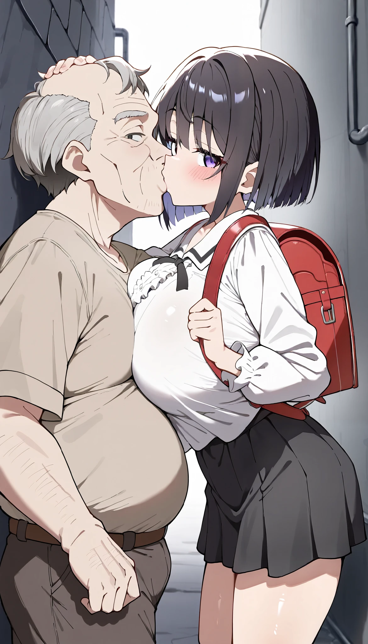 (( best quality )), ((Masterpiece)), ( Details), 1 girl, black short hair skirt, bob cut, staring at the viewer , huge breasts, slender, ( blouse), blouseのインナーにうっすら見えるブルーブラジャー,(An in the lower grades :1.3), randoiful Skin , nsfw, alley,(Give a deep kiss with the old man in front of you:1.3), fat old man,( uncle gives fellatio to his favorite old man :1.1),Wall-don,Can you pat me on the head