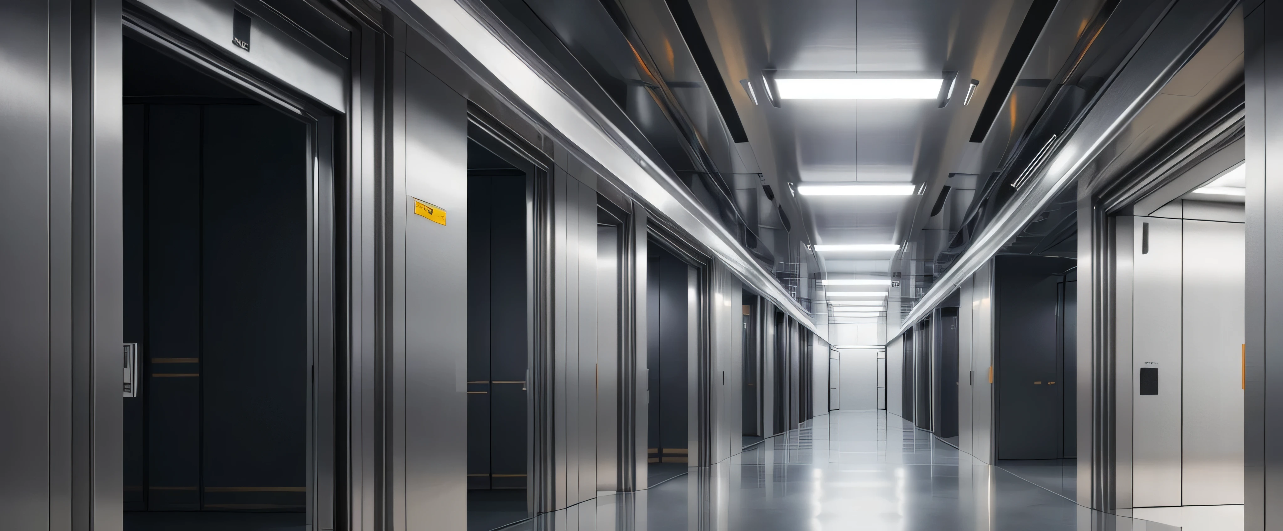 best quality, masterpiece, high resolution ,Super Fine, Sci-fi material , spaceship interior, There is a huge steel door at the end of the wide long hallway ,There is a huge steel door at the end