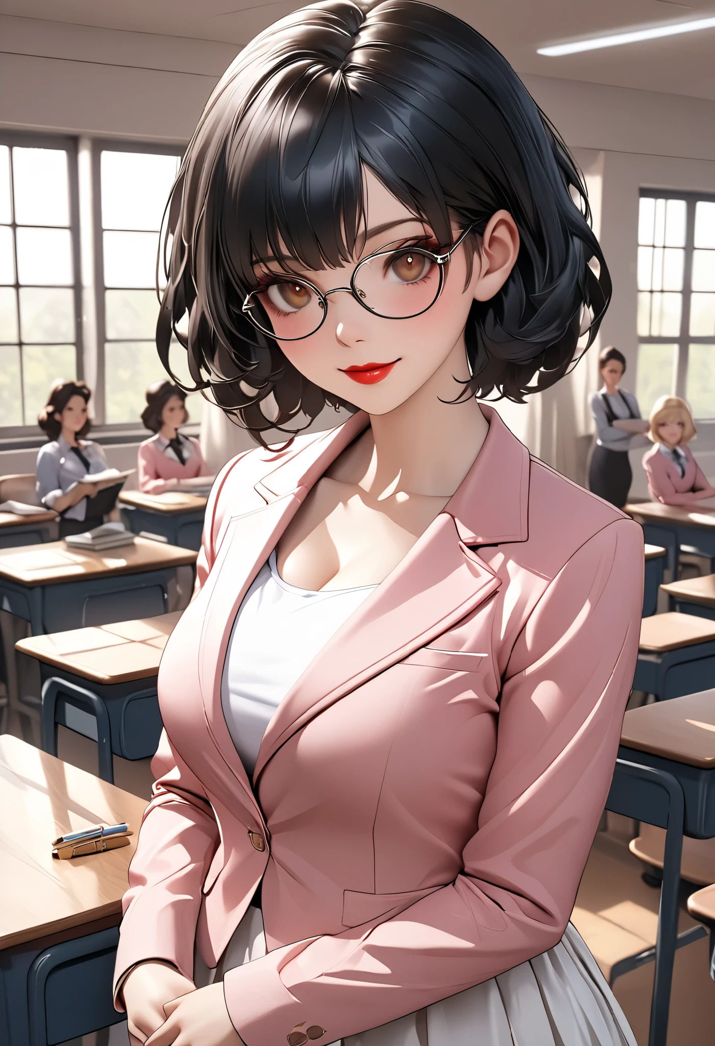 8k,masterpiece, CGSTATION, hyper CGI style, arte extremadamente detallado de artgerm, photorealistic chica anime render, 8k anime drawing style, best quality, 3D rendering, INTRICATE, cute, hyper detailed, medium bust, 27 years old, a woman, sensual smile, red lips, super detailed skin, super beautiful eyes, Princess Snow White, snowwhiite, black hair, short hair, is standing in front of the viewer, brown eyes,front,perfect nose, she is a teacher, setting: classroom, Around her there are accessories that a teacher uses, she wears glasses, She is wearing a short pink blazer, she is wearing a white A-line skirt, black footwear pump, book under the arm, She is an teacher giving classes, She wears a large bright red bow that adorns her short black hair,