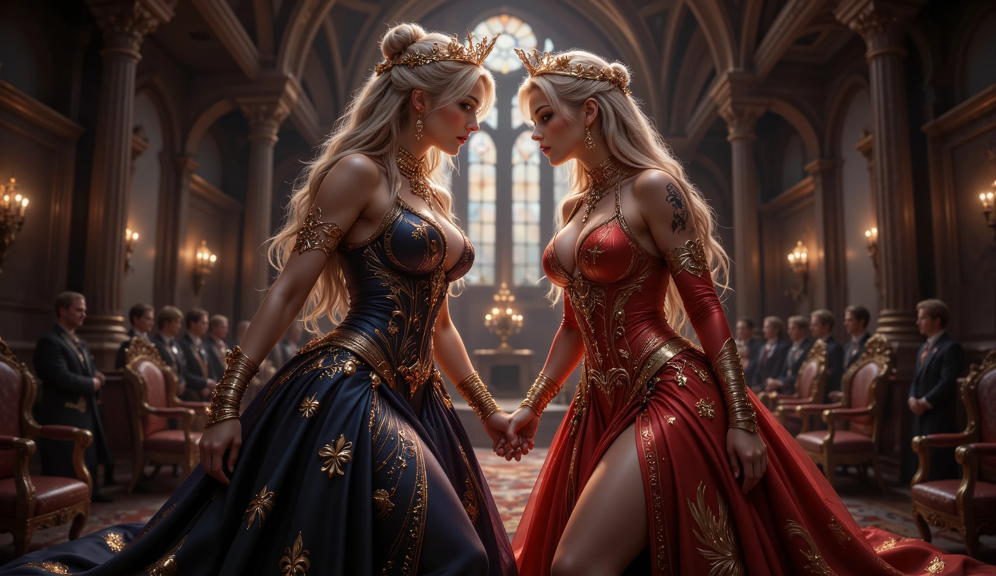 (best quality,4k,8k,highres,masterpiece:1.2), ultra-detailed, realistic:1.37, beautiful sexy queen from the medieval ages, wearing a sexy medieval queen outfit, detailed face and features, alluring eyes, subtle smile, long flowing hair, hourglass figure, tight clothing accentuating curves, regal demeanor, confident posture, vibrant medieval background landscape with castle and lush gardens, soft sunlight casting a warm glow, intricate architectural details, colorful banners fluttering in the breeze, bustling medieval market in the distance, highly detailed texture and shading, capturing every intricate fabric pattern and delicate jewelry, rich and vibrant colors, atmospheric lighting creating a sense of depth and dimension.