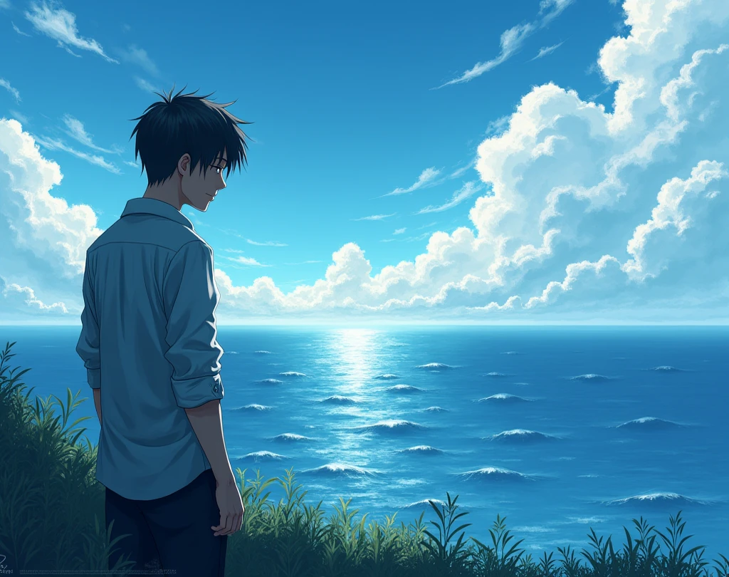 Viral anime nature wallpaper in 4K quality, in the style of photography with a 35mm lens inspired by Keiichi Hara, capturing a serene beach at twilight with gentle waves, a sky transitioning from orange to deep blue, and a silhouette of distant islands; warm and tranquil color temperature, cosmos lighting with stars twinkling in the sky, no human characters, the atmosphere is peaceful and reflective --v 5 --stylize 1000