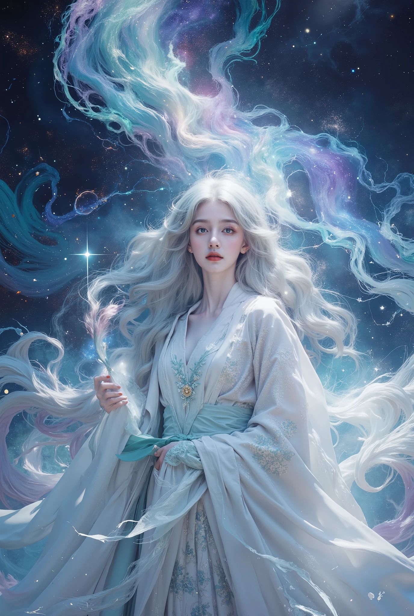   An intricate pattern ， has flowing hair ， cascading down like a waterfall of light ,   radiates the colors of the universe  .  Soft ,  The shining light ， radiating  , ， woven from her porcelain skin  .   highlights her ethereal beauty  ,   is a masterpiece of fantasy art  . She wears elegant robe that ripple and flow as if made from stardust,   her expressive eyes are deep and enchanting  ,  faintly glowing .  The background is a vast space , Vibrant nebulae , galaxies swirling around,  twinkling stars,   creates a magical atmosphere  .  Soft灯光和高对比度强调了她头发中的细节 , robe, and exquisite facial features.  为她周围的一切投射出Soft光线 , ， The shimmering effect adds a sense of wonder and otherworldly beauty  , ， The illustration around her ， all rendered in high resolution ， with amazing clarity  .
