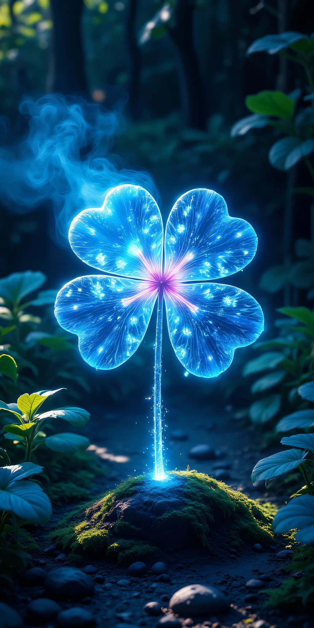 Super realistic photo of a five-leaf clover, which emanates a lot of blue-white vapor. It is made of semi-transparent blue energy, with a blue aura and a light blue outline, its arteries are semi-transparent violet, suspended in the air. Image background; garden landscape. Cinematic light, 4K, UHDK.