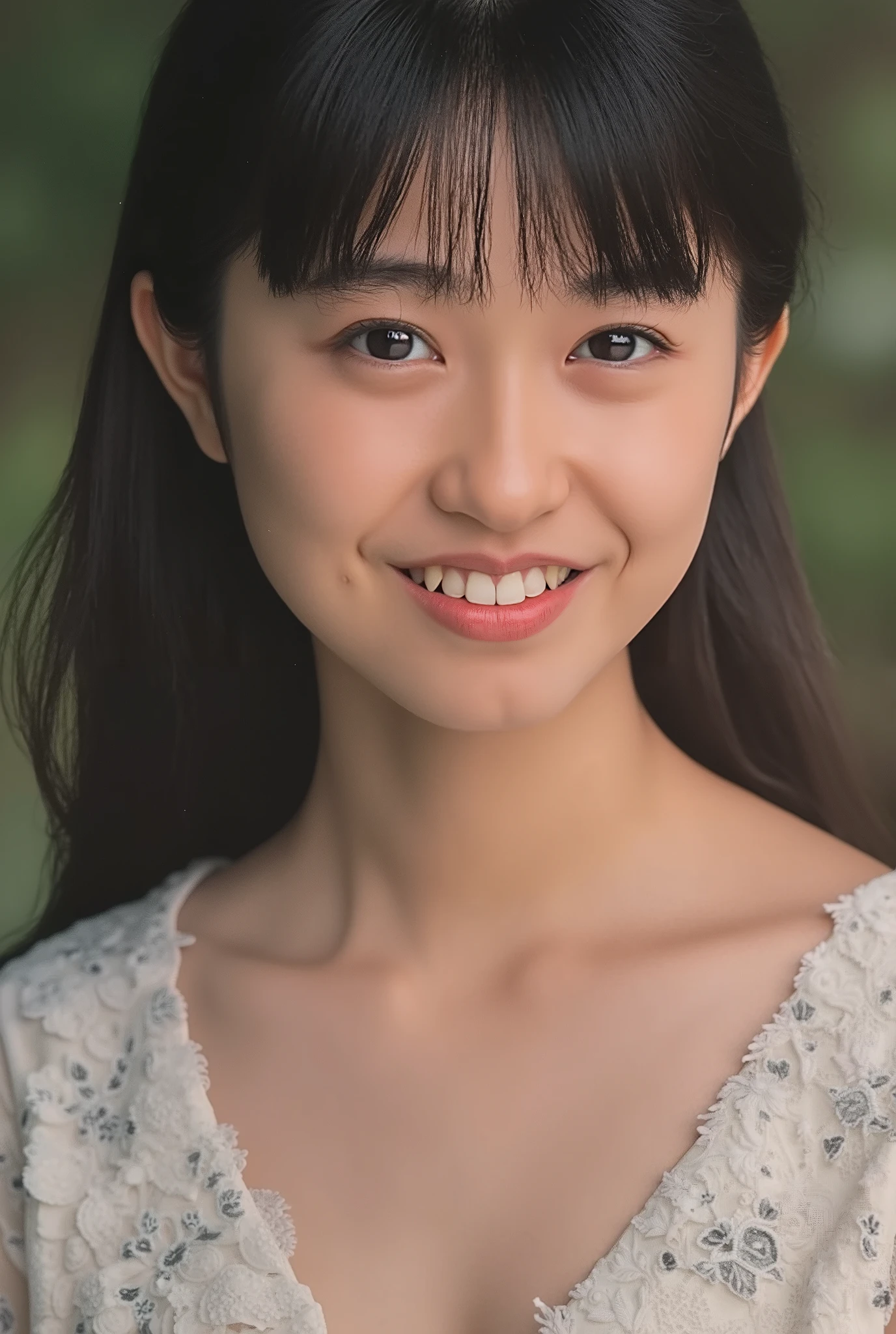 (( Wedding Dress)), (masterpiece, top quality, The beautiful quality of , photorealistic , detailed lighting , Extremely detailed skin, Extremely Detailed Hair ,8k, black hair, upper body, One Girl , smile, Watch Viewers , Dimples, Dimpless on cheeks, fc portrait:1.2), choker、 off shoulder、Accurate Eyes、 in ultra high quality、 face close-up