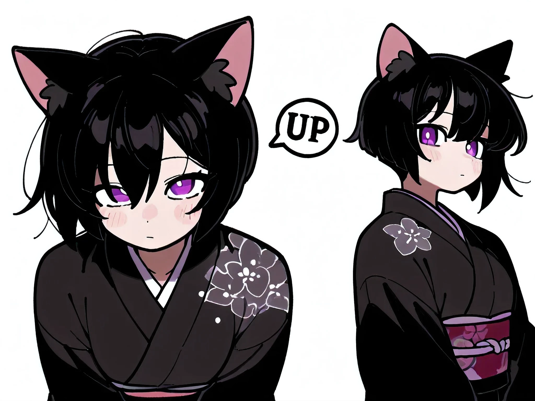 masterpiece,  best quality ,   great quality, up to date, white background ,  on de,Watching viewers、 pretty girl,  short hair、Perm、 black hair、 character design style、 black hair、 Purple Eyes 、 black kimono、Cat ears、 boyish