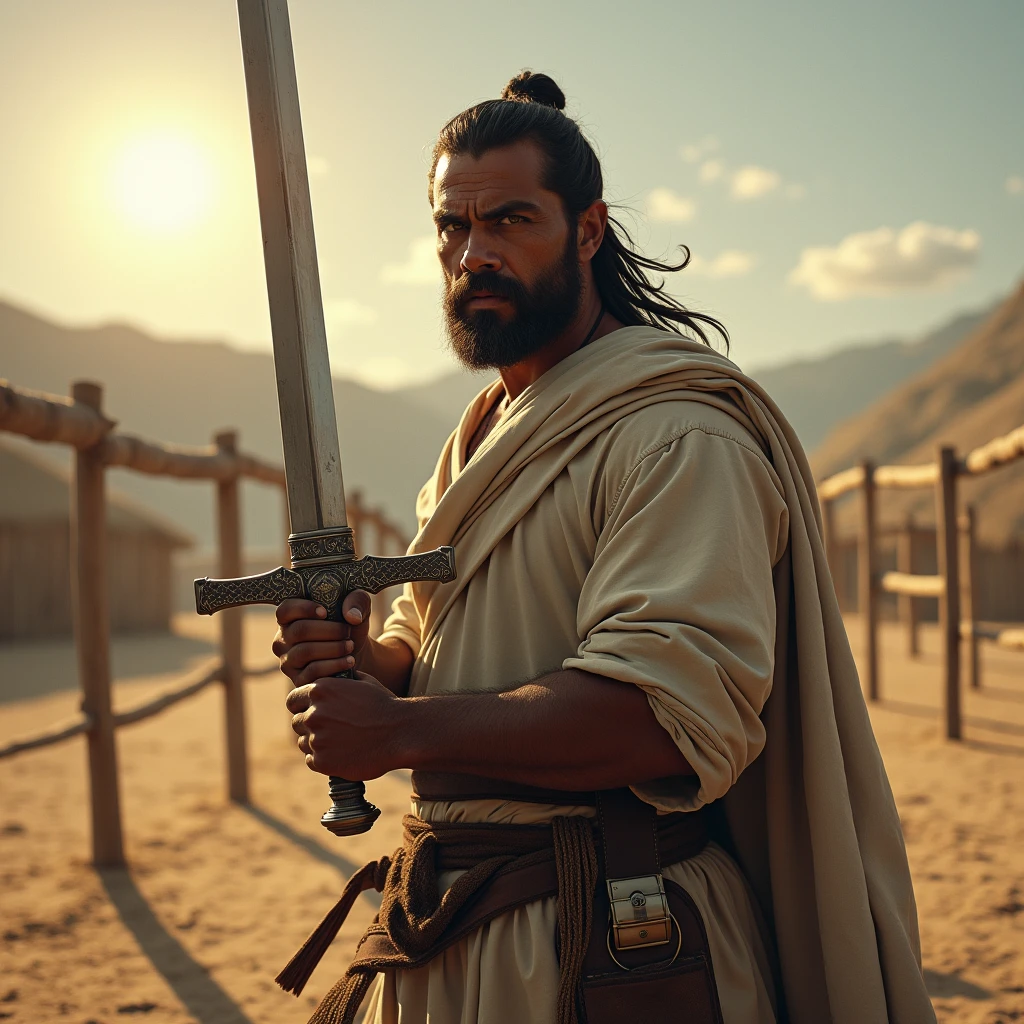 (best quality: 1.4), (Ultra Highres: 1.2), (photorealistic: 1.4), (8k, RAW photo: 1.2). The description of the Samaritan man's physical appearance is not detailed in the biblical narrative, but her Samaritan origin suggests she likely had similar characteristics to other people in the region. Without historical-cultural context, the story of the man with a rustic Samaritan appearance, he appears to be a rustic man, he is in a battle of swords