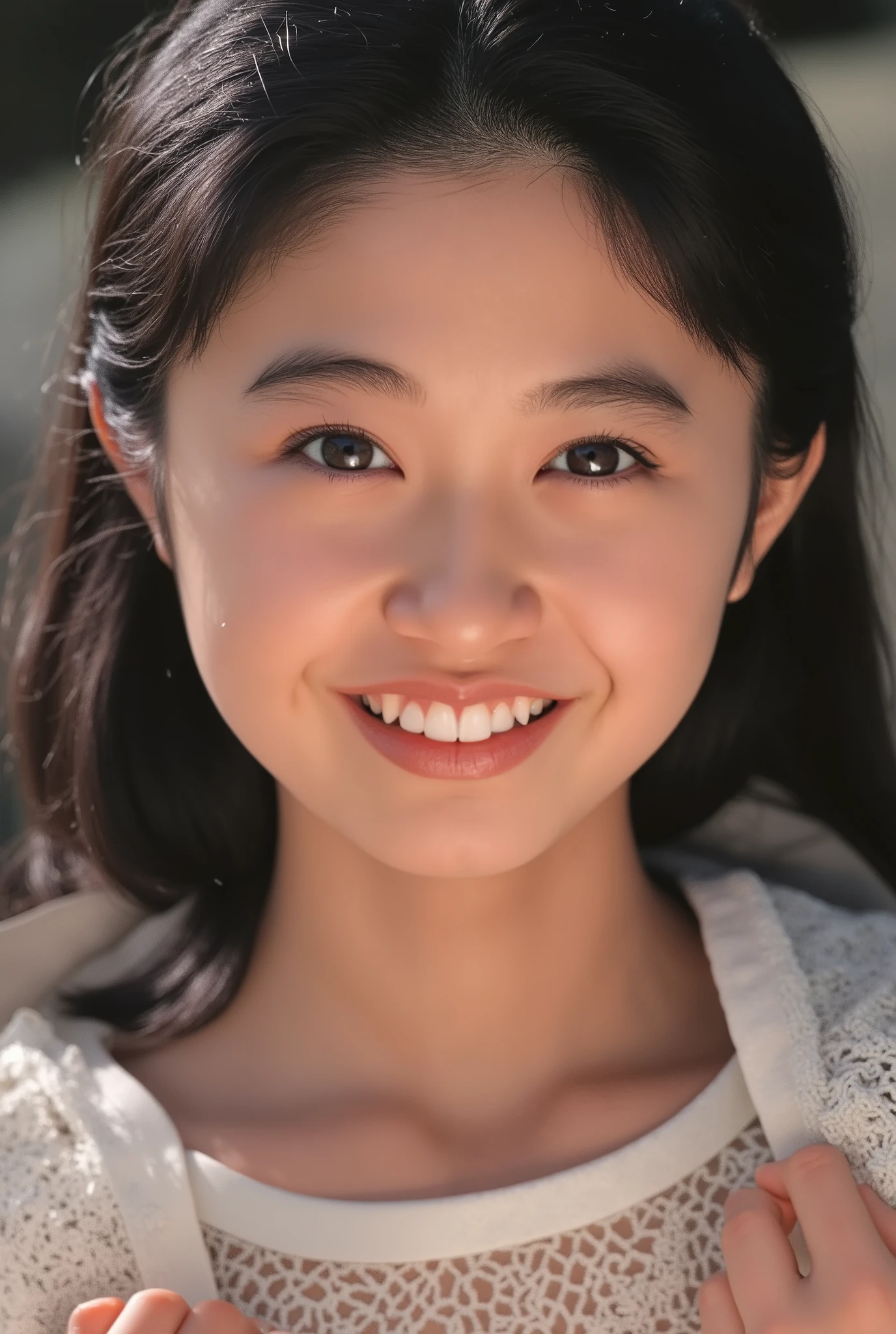 (( Wedding Dress)), (masterpiece, top quality, The beautiful quality of , photorealistic , detailed lighting , Extremely detailed skin, Extremely Detailed Hair ,8k, black hair, upper body, One Girl , smile, Watch Viewers , Dimples, Dimpless on cheeks, fc portrait:1.2), choker、 off shoulder、Accurate Eyes、 in ultra high quality、 face close-up