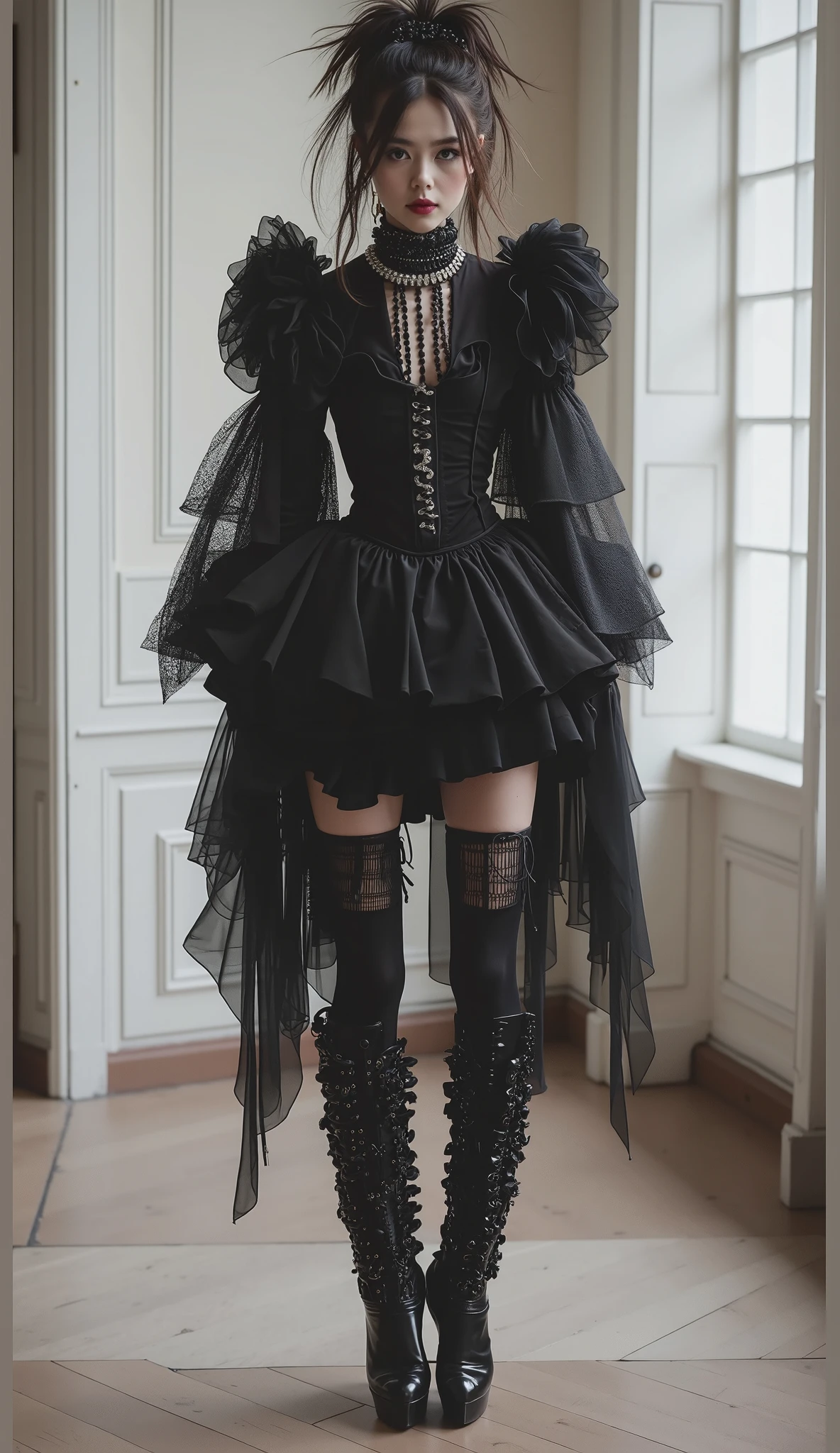 [black:Blue:0.65] topic，master masterpiece，A masterpiece of a mature woman，Detailed visual art，Blue eyes，Makeup，Gothic，Silver hair，Elf ears，hair，collarbone，Royal Queen，Elegance，Gorgeous quinceanera dress，Detailed layered skirt，[Detailed frills:0.1], [Frilled dress:0.1], embroidery, [Detail princess dress:0.1], Bare shoulders, Big tits:1.3, Open crotch, Thigh seams, groin, Long boots，[NSFW|uncensored], (Simple background:1.1) , Low wing,full bodies