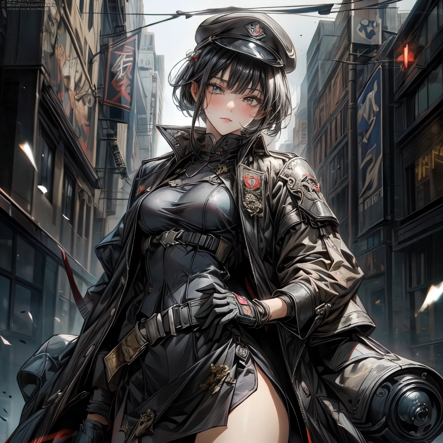 beautiful ((similar)) Lilith Building posing in (Dynamic pose) As a dieselpunk army officer in World War II, Wearing a black leather uniform that shows her cleavage、Wearing a leather military cap, Reference Photo, 最high quality, high quality, (Detailed face and eyes), dusk lighting,, Heavy makeup, industrial use, outdoor snow forest background   ((close))   