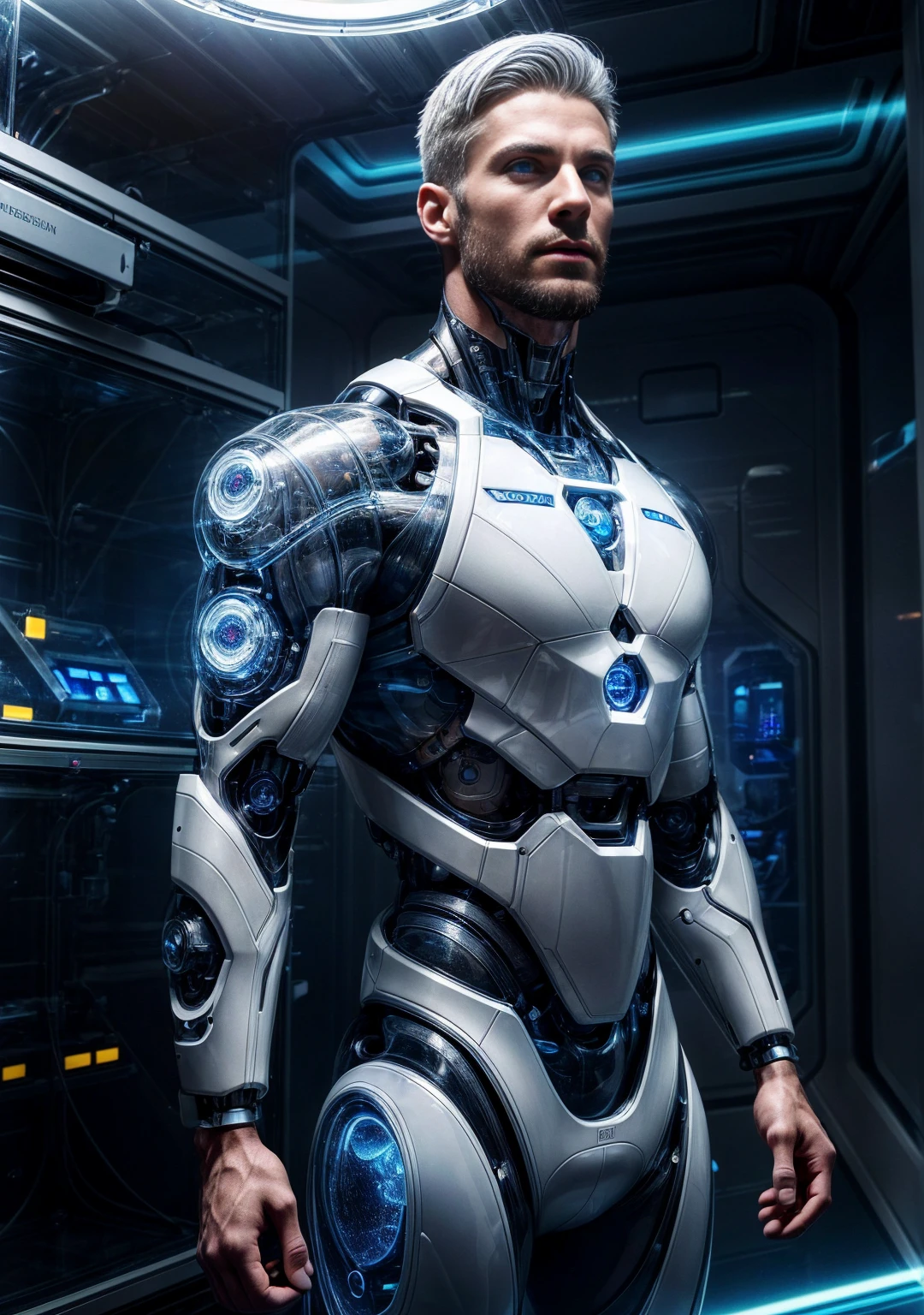 ((Masterpiece, High Quality)), Best Quality, highly detailed , ultrarealistic , cinematic, best quality, high resolution ,realistic , photorealistic realistic eyes, intricate details, detailed background, depth of field, dynamic pose, dynamic angle ,male focus ,muscled man (1.0) ,handsome (detailed face) ,Young Arafed muscular chiseled very handsome man , (( photo of a handsome male cyborg made of glossy glass skin surrounded with glowing tubes inside an incubator of a futuristic hospital bio lab, muscular, space art concept, science fiction, soft lighting, realistic blue eyes , white hair 1.0)), realistic, masterpiece, intricate details, detailed background, depth of field, photo of a man ,looking like courage , ((light bokeh)) , highlighting the strong muscle lines , symbol of strength. Perspective and perspective: shooting from a low angle , highlighting the height and majesty of men. Or use a side perspective to show the posture and tattoo of a men.