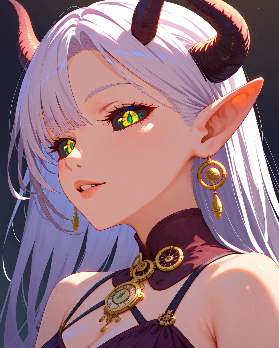 A Milf with long silver hair and purple locks with elf ears and black demonic horns, Yellow eyes of the demon, pupila vertical, (olhos incrivelmente detalhados), rosto maduro e adulto com um sorriso perverso para os espectadores, dentes de vampiro, corpo volumoso com seios e busto enormes, pale skinned, vestido de noiva, Catedral branca iluminada e linda, corpo volumoso com seios e busto enormes, Cabelo prateado com mechas roxas ,(yellow demonic eyes), olhos brilhantes, Moda realista, sysie high definition details, fotografia, perspicacity, unique 850 4, Koda850 k portrait camera, Primavera F1.6, cores ricas, Textura super realista, textura de luz espetacular, arte surreal, Cinestil 800 mecanismo de moda.