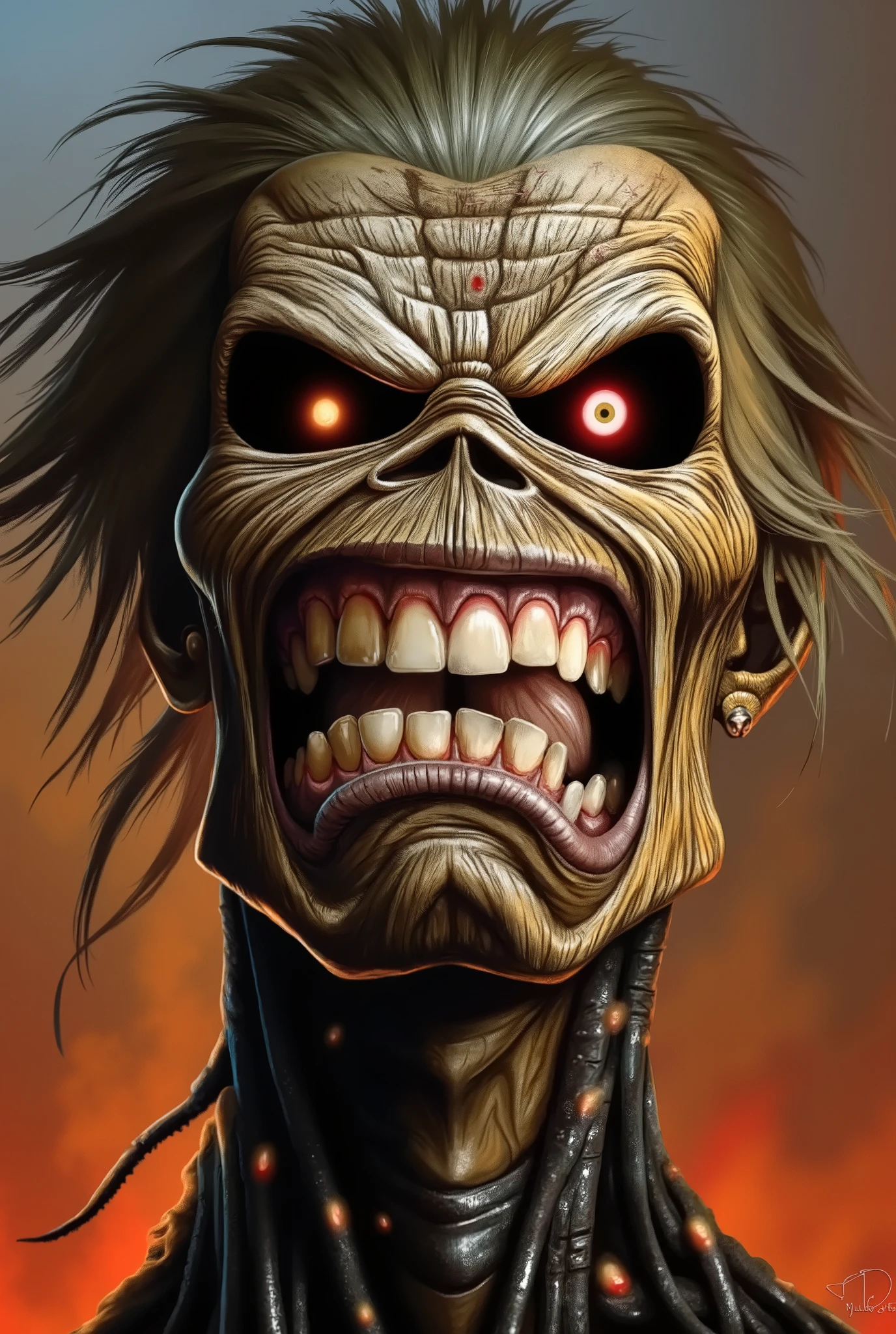 a close up of a Eddie from Iron Maiden, ((a cyborg, technology, machine, muscular, terminator)) , 1 9 8 0's heavy metal album art, iron maiden, Eddie , iron maiden album cover, cheesy iron maiden motifs, metal album cover art, thrash metal, heavy metal artwork, maiden, heavy metal art style, hd wallpaper, angry rotting zombie, by Ignacio Zuloaga. ((cyberpunk background, cinematic neon lighting)).