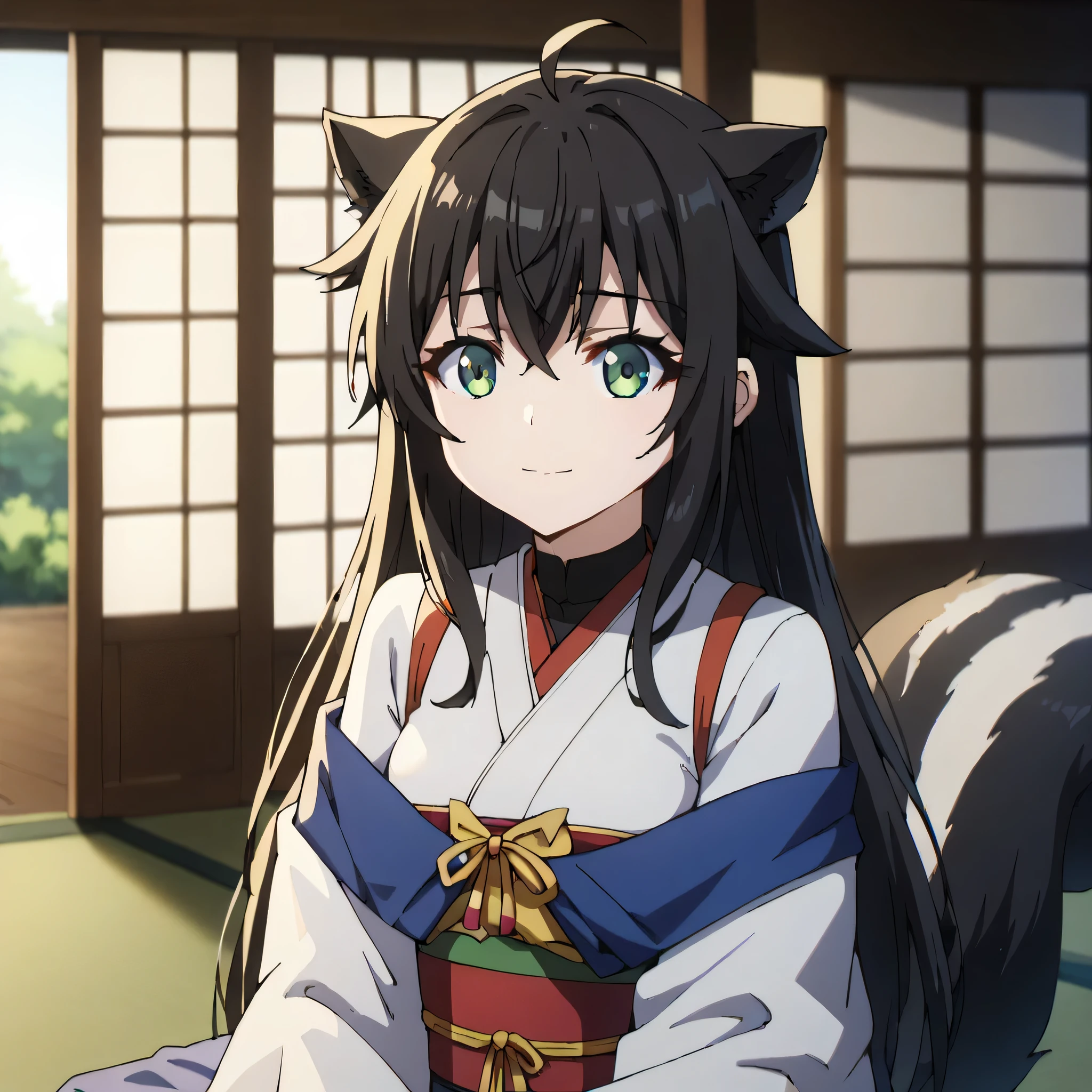 3girls, solo, masterpiece, anime, indoors,japanese sanctuary, kimono clothes, black hair, long hair, fox ears down, skunk tail, ahoge, hair flaps, mischievous smile, green eyes, 1 girl, kimono outfit, , 1 girl, wilting flowers around