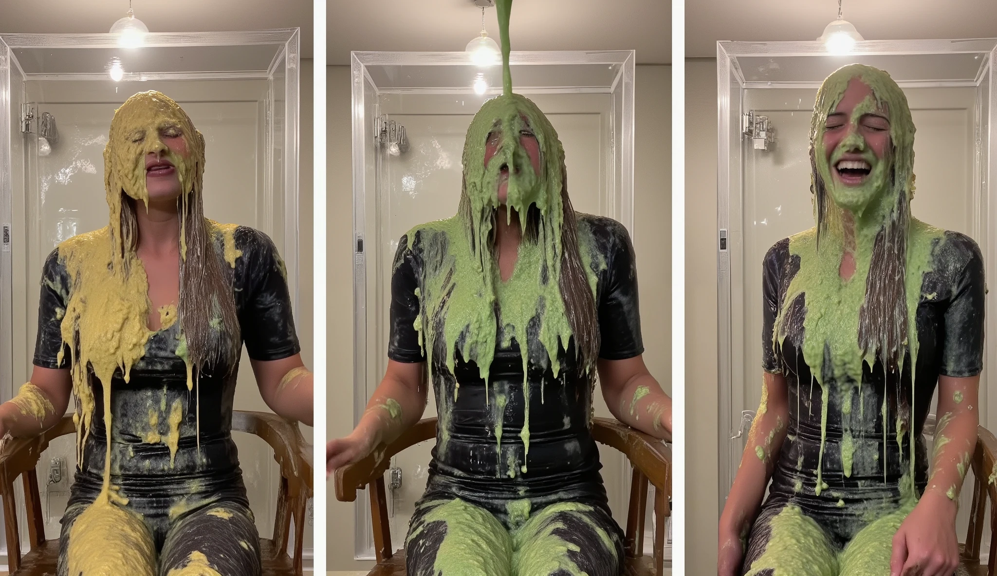 Asian girl with green slime on her face and hair, covered in slime!!, green slime dripping, green slime everywhere, green slime, oozing slime, slime, full of greenish liquid, gelatinous green goop, dripping goo, slimy, slime monster, green oozing pool pit, toxic slime, slimes, sad face