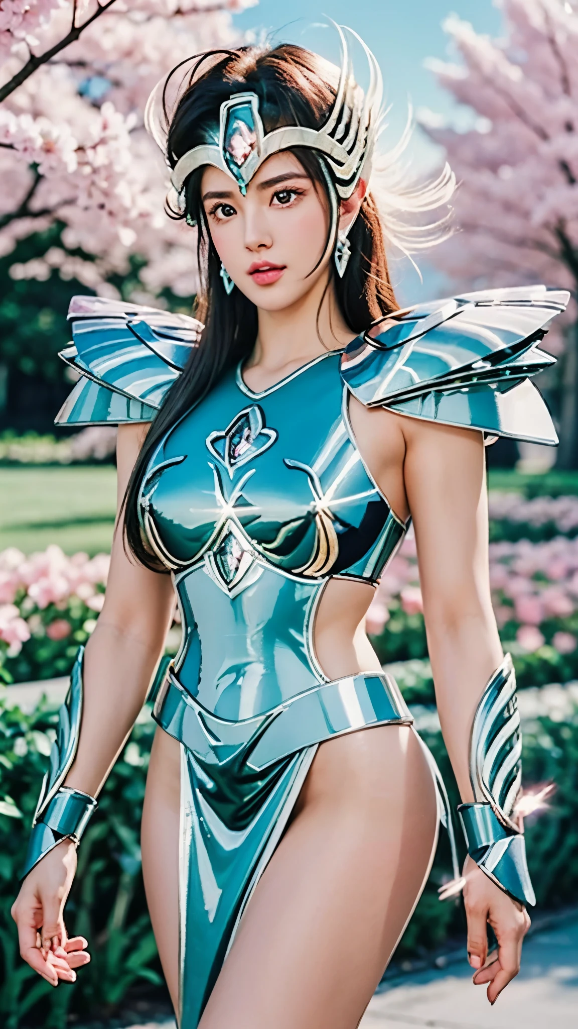 In a futuristic world with Thai-Chinese influences, the character is a slender and elegant woman with porcelain white skin and long, vibrant red-blue hair. She dons a durable white leather armor, intricately designed with glowing rainbow lines that mimic the complex structure of human bones and muscles, seamlessly integrating with her form. The armor features sophisticated patterns and textures that resemble a blend of metal and iridescent skin, with a neutral color palette of white, beige, and brown, accentuated by golden highlights to emphasize the fusion of natural elements with her physique.
The background depicts a city overtaken by nature, with towering buildings cloaked in lush vegetation. The environment reflects a blend of urban decay and natural reclamation, rendered in high detail and 64k resolution to highlight the intricate interplay between technology and nature.