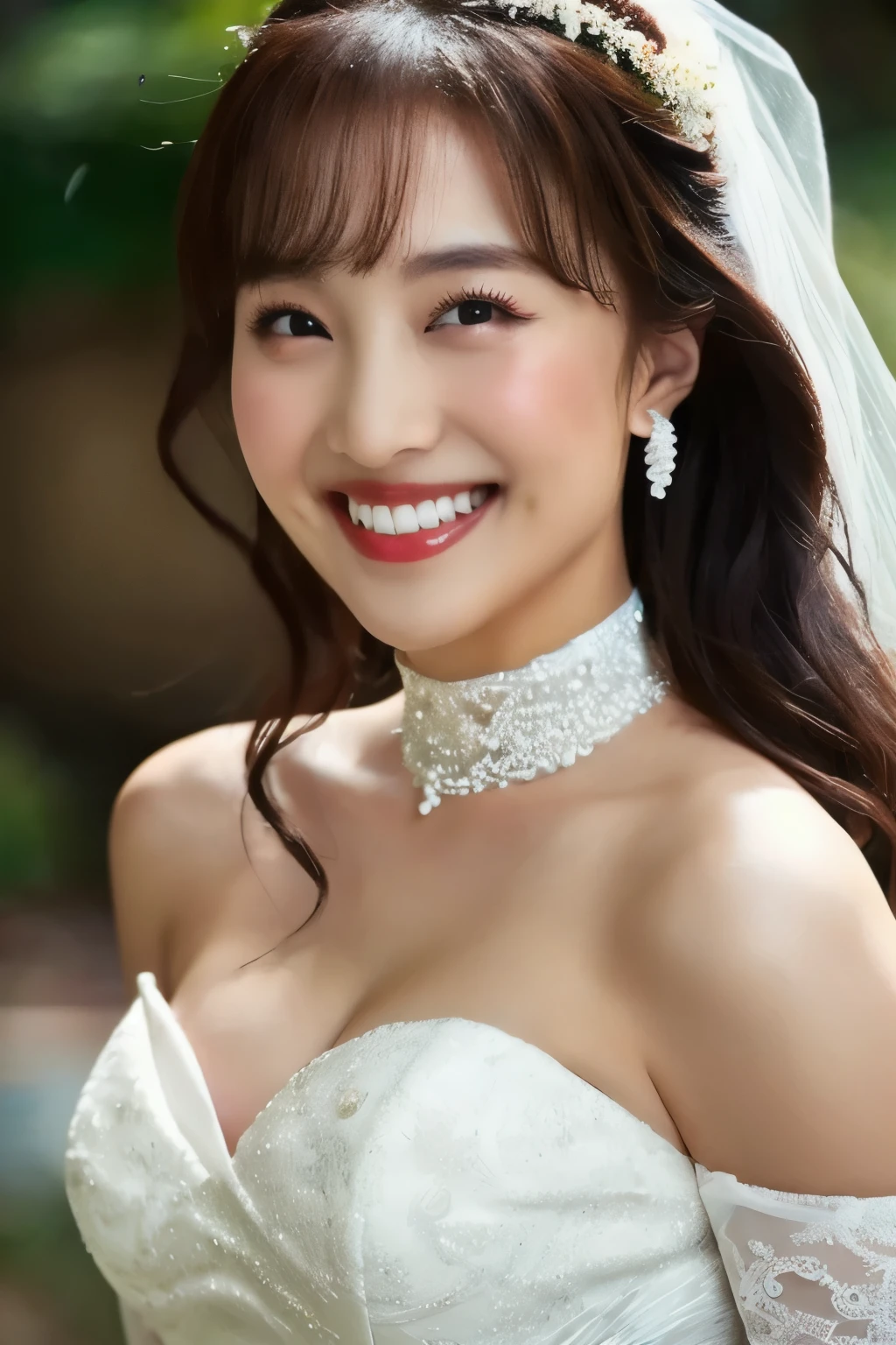 (( Wedding Dress)), (masterpiece, top quality, The beautiful quality of , photorealistic , detailed lighting , Extremely detailed skin, Extremely Detailed Hair ,8k, black hair, upper body, One Girl , smile, Watch Viewers , Dimples, Dimpless on cheeks, fc portrait:1.2), choker、 off shoulder、Accurate Eyes、 in ultra high quality、Belly button、 thighs、 panties 、Pregnant Woman's Stomach