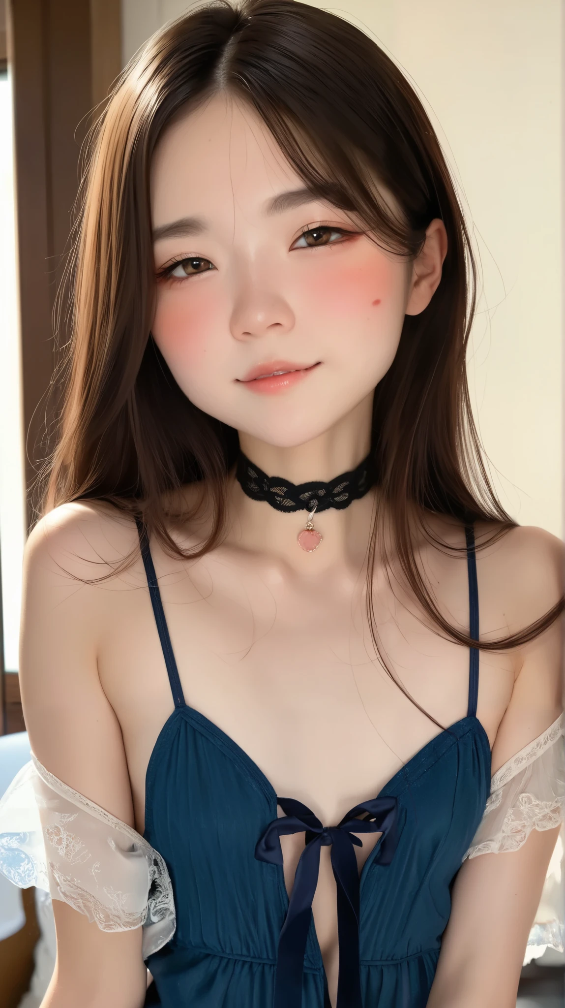  Japanese woman, solo, Intimate,  small tits,  small breasts ,erect nipple ,  blushes, Blushed Cheeks,  long hair,  Feels  , I'm in love with, Wearing a summer dress,  black choker,  at night nightclub