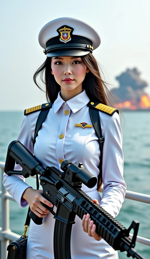 Pieces fly、(RAW Photos:1.2)、(Realistic:1.4)、The ultimate beautiful girl、Beautiful Face、Beautiful detailed girl、very detailedな目と顔、Detailed and beautiful eyes、Ridiculous、LookRidiculous、Incredibly Ridiculous、Huge file sizes、High resolution、very detailed、highest quality、masterpiece、(Daytime hours)、Daytime scenery、(Outdoor)、(Halong Bay)、(Halong Bay during the day)、((boat))、((Military equipment))、((military boat))、((Office lady uniform))、((Vietnam Army Uniform))、((Middle bob hair))、An illustration、Ticker、Unity、8K Wallpaper、wonderful、Masterpiece with fine details、highest quality、very detailedな、Ticker、uniform、8K Wallpaper、Face Light、Cinema lighting、Age 25、1 girl、(No underwear)、(Camel Toe)、(half)、(Black high-leg panties)、((barefoot)、((military boatに座っている))