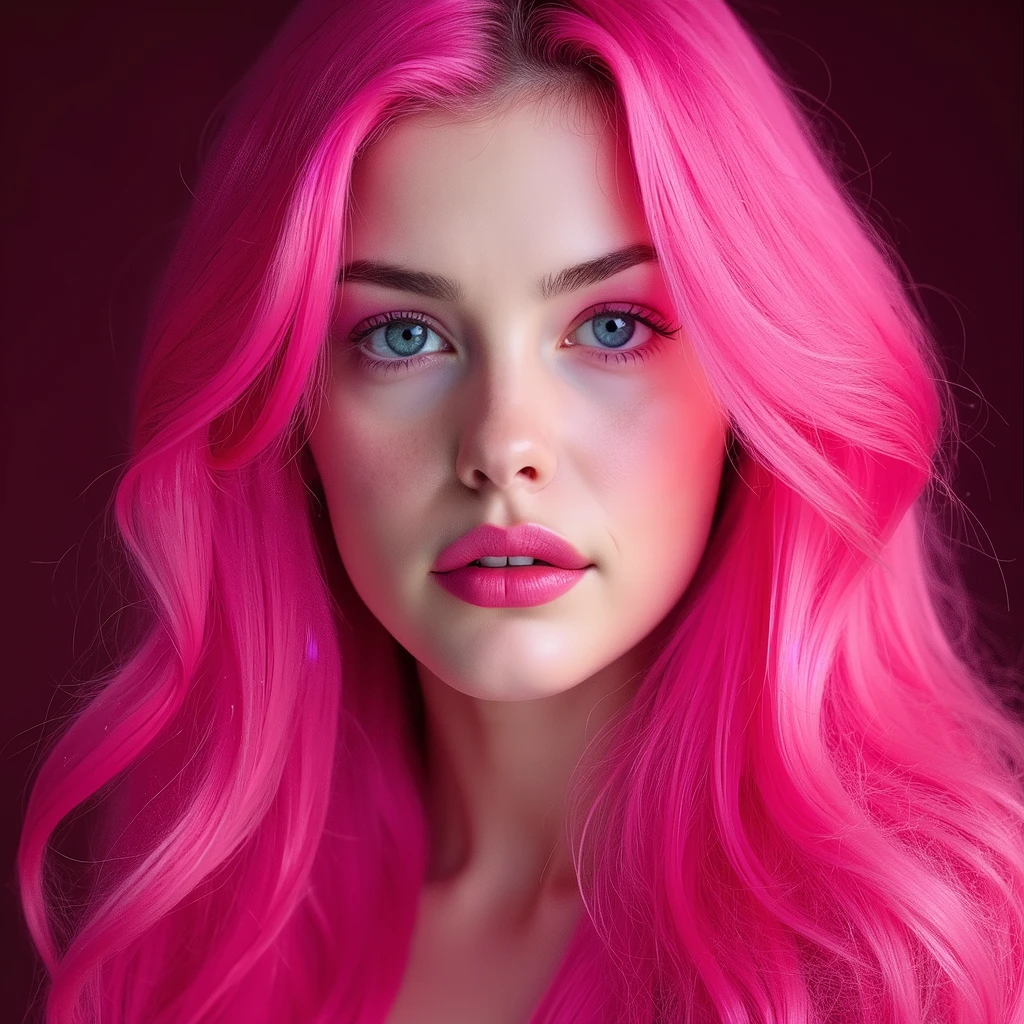 Very attractive 25 year old female with long wavy bright pink hair, turning into a werewolf, photo quality