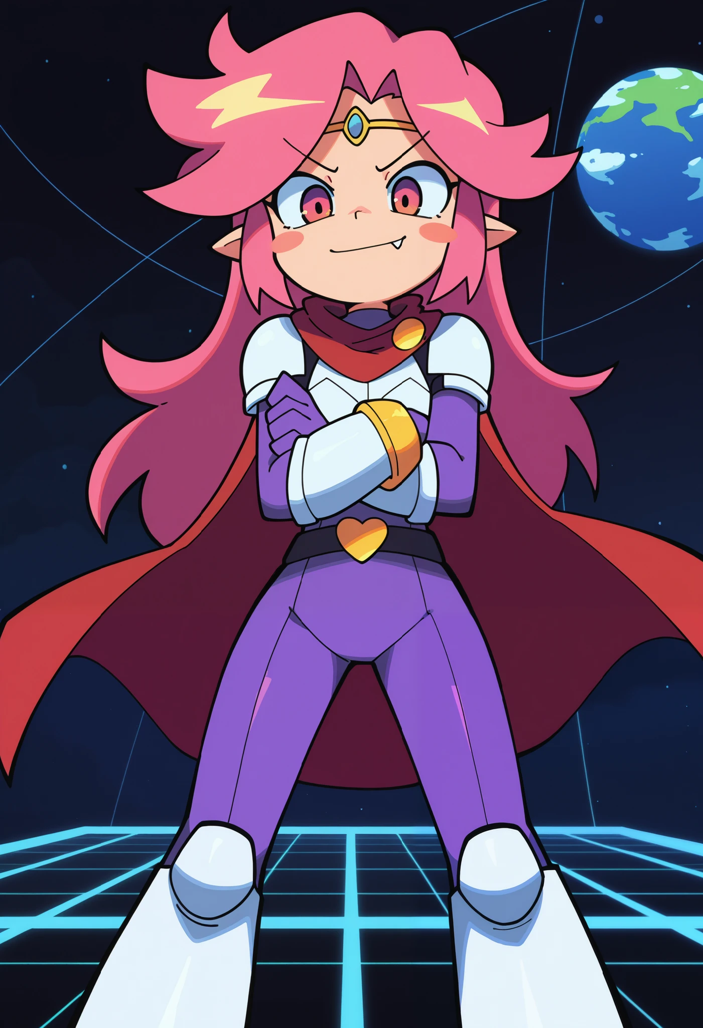 high quality, best quality, score_9, ishikawa_hideki, bacun, 1girl, long hair, pink hair, pointy ears, fang, smile, blush stickers, white body armor, purple bodysuit, bracers, red cape, arms crossed, , proud, standing, looking at viewer, spaceship deck, large planet background, foreshortening, from front, massive earth in background, circlet,