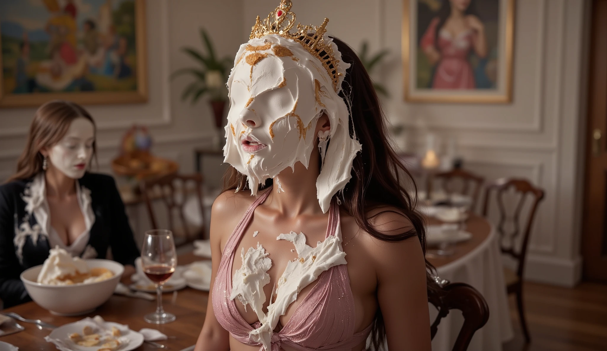 A beautiful young 21-year-old princess in a crown and a dress gets a pie in the face. A white paper plate is stuck to her face, covering it. Palace dining room setting.