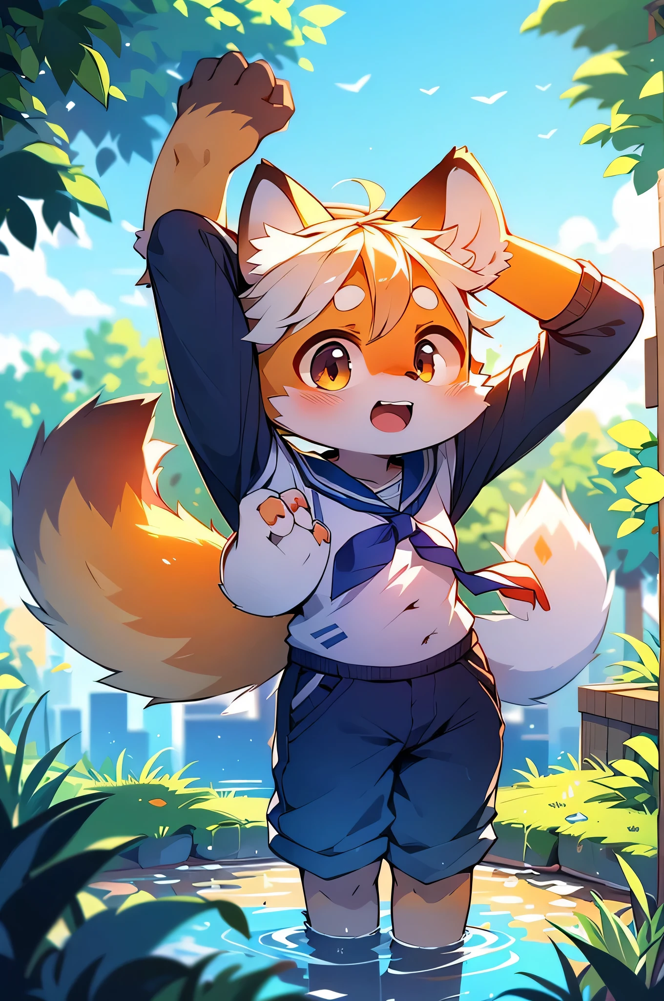 Red Panda Boy,Characteristics of the Sailor Suit,super high quality,Very detailed,High resolution,Cute art style in anime,Rice field scenery,(Cheerful teenager,13 years old:1.3),alone,single,Cute face male