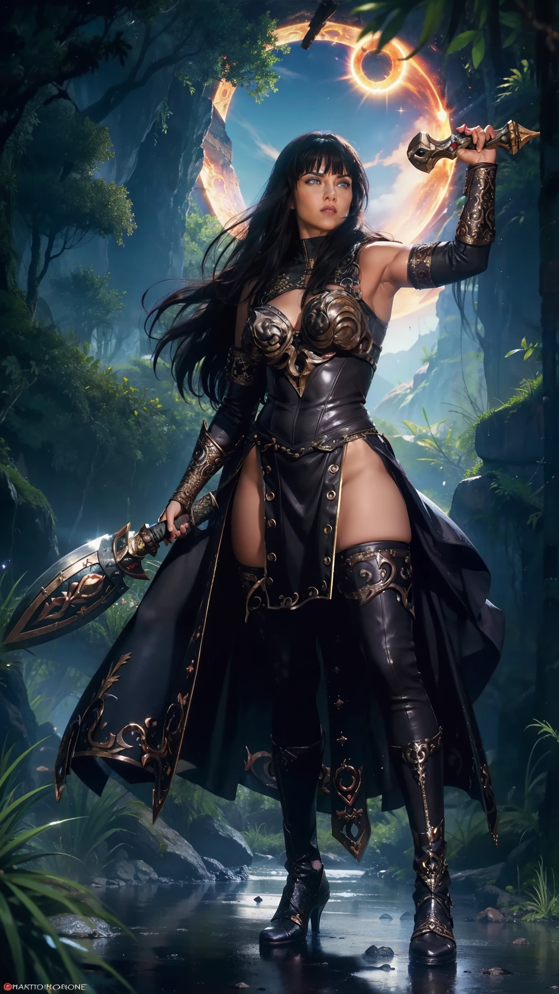 (((full body photo))) xena karorior princess,karorior,goddess,stark,Coraggioso,comely,determined,leather armour,elsword,battle,karo,mighty,ancestor,ferocious,nobleman,protective,defender,legendary,adventure,Mediterranean,lush vegetation,epic,audacious,mythical,mod,dark hair,intense gaze,stark-willed,karo cry,mysterious background,heroic,inspirational,full of action,mythical creatures,epic battles,mythical world,strengthening,fearless,karorior queen,Symbolic,universe of the gods,magical powers(swirly vibrant colors),legendary weapon,lustfull,ancestor ruins,Immortal Spirit,Eclipse solar,eclipse lunar,divine lineage