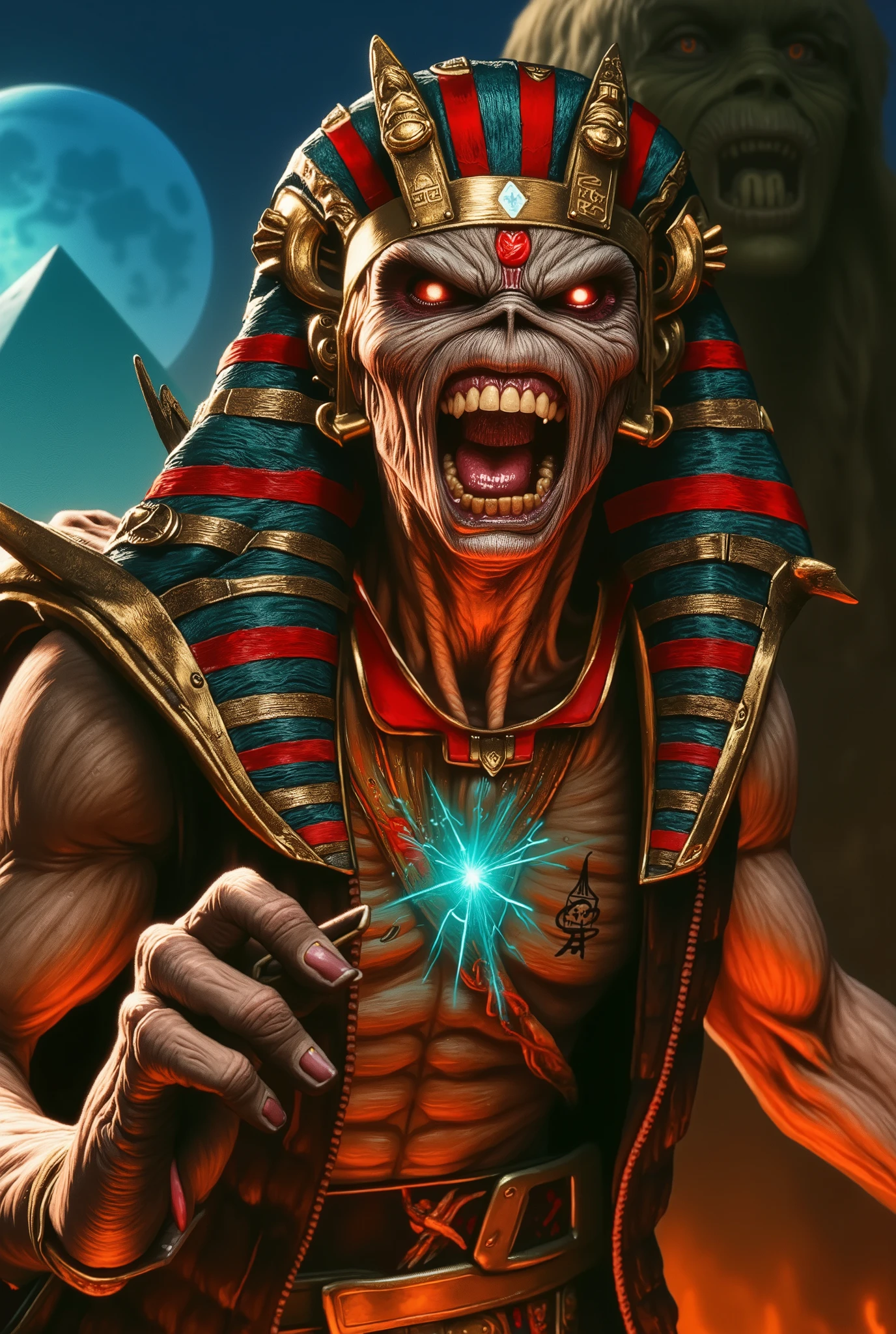 Close-up face , Eddie in dynamic zombie pose ((wearing pharaoh costume )), Pharaoh clothes, raiva, Estilo Iron Maiden, Eddie do Iron Maiden. foto crua de alta qualidade, excellent composition (cinematic lighting, cinematic colors, texto, obra de arte, alto detalhe, melhor qualidade, fotorrealismo, Ultrarrealismo, 8K HDR: 1.2), Egyptian pyramids in background and Full moon. 