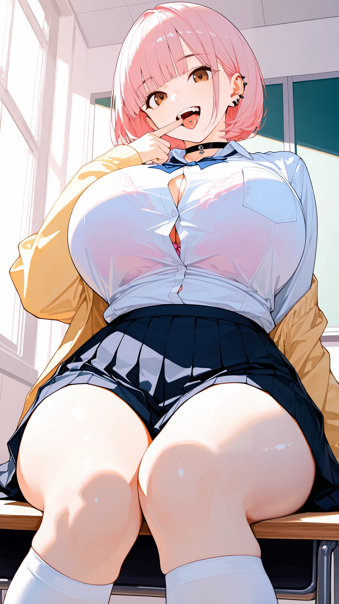 ,（ ultra detail,  Masterpiece ,   Top Quality, 8k, very aesthetic,  realistic detailed CG ,    Sharp Concentration ,   Ultra Fine),  1 girl, ( school uniform,  cardigan,  relaxing in pastel colors,  pleated skirt, and knee-high socks ,  button gap ), pink inner bra that can be seen slightly naturally, ( Beautiful Eyes Details,   textured skin,   Beautiful skin,  long lashes,  brown eyes,  round eyes for a close-up shot of the ), ( beautiful hair with attention to detail , blunt bangs ,  bob cut,  LIGHT PINK HAIR ), (smile,   plump lips,  open your mouth), (,   Saggy  ,  plump, [ Wide  ,  thighs),  魅惑的な thighs , Detailed skin, (  I stormed the classroom), (  Shiny Skin:1.3,  shiny skin:1.3), ( falling in love with her front ,  fingers in the mouth),Tongue Piercing, ear piercing, choker, gals