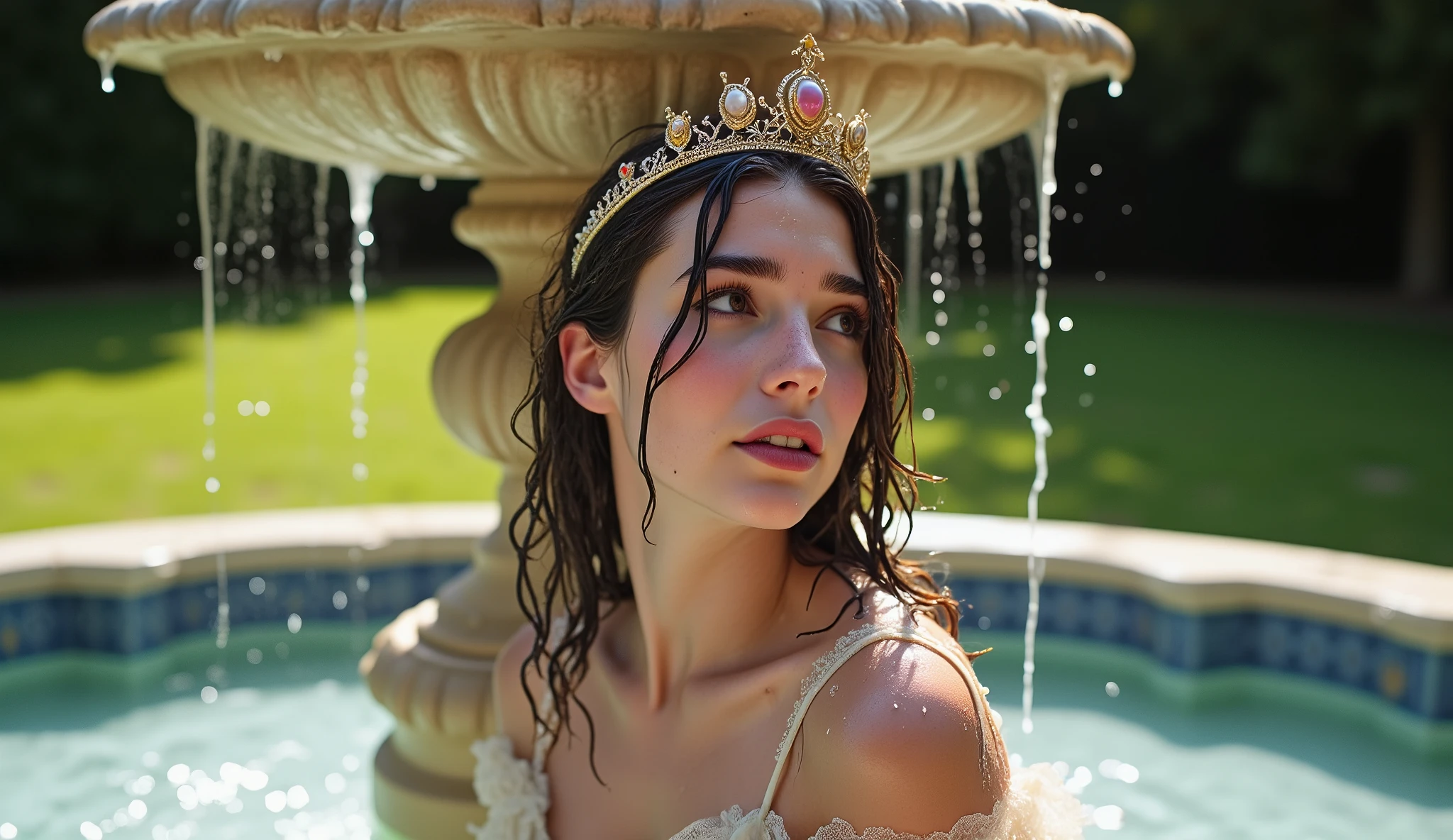 A beautiful young 21-year-old princess in a crown and a dress has fallen into a fountain. She is sitting in the water, which comes up to her waist. She is completely soaked. Her hair is messy and disheveled. Her eye shadow is running. She is sitting back, with her head under where water is coming down and water is coming down onto her head, down her face and dripping off her chin and off the tip of her nose. She looks as though she cannot believe what has happened to her.