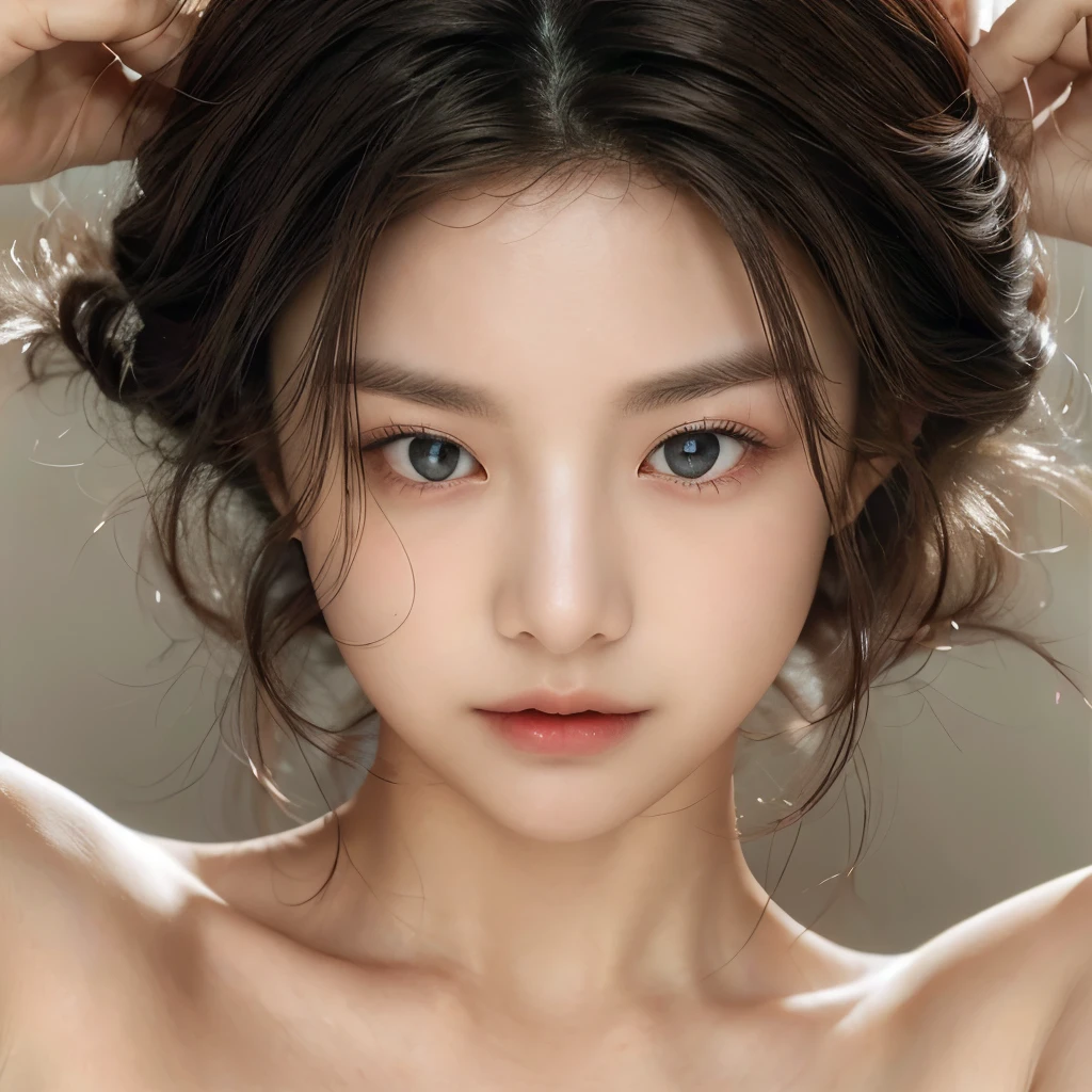 A serene portrait of a young woman with a natural glow, her soft features framed by dark hair highlighted with striking white streaks that curl elegantly around her face. Her expression is calm yet captivating, blending beauty and mystery.