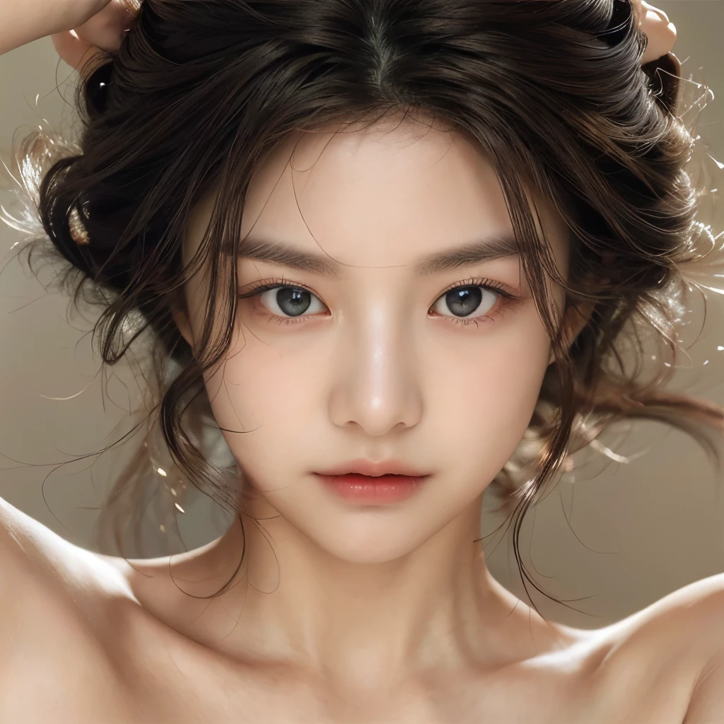 A serene portrait of a young woman with a natural glow, her soft features framed by dark hair highlighted with striking white streaks that curl elegantly around her face. Her expression is calm yet captivating, blending beauty and mystery.