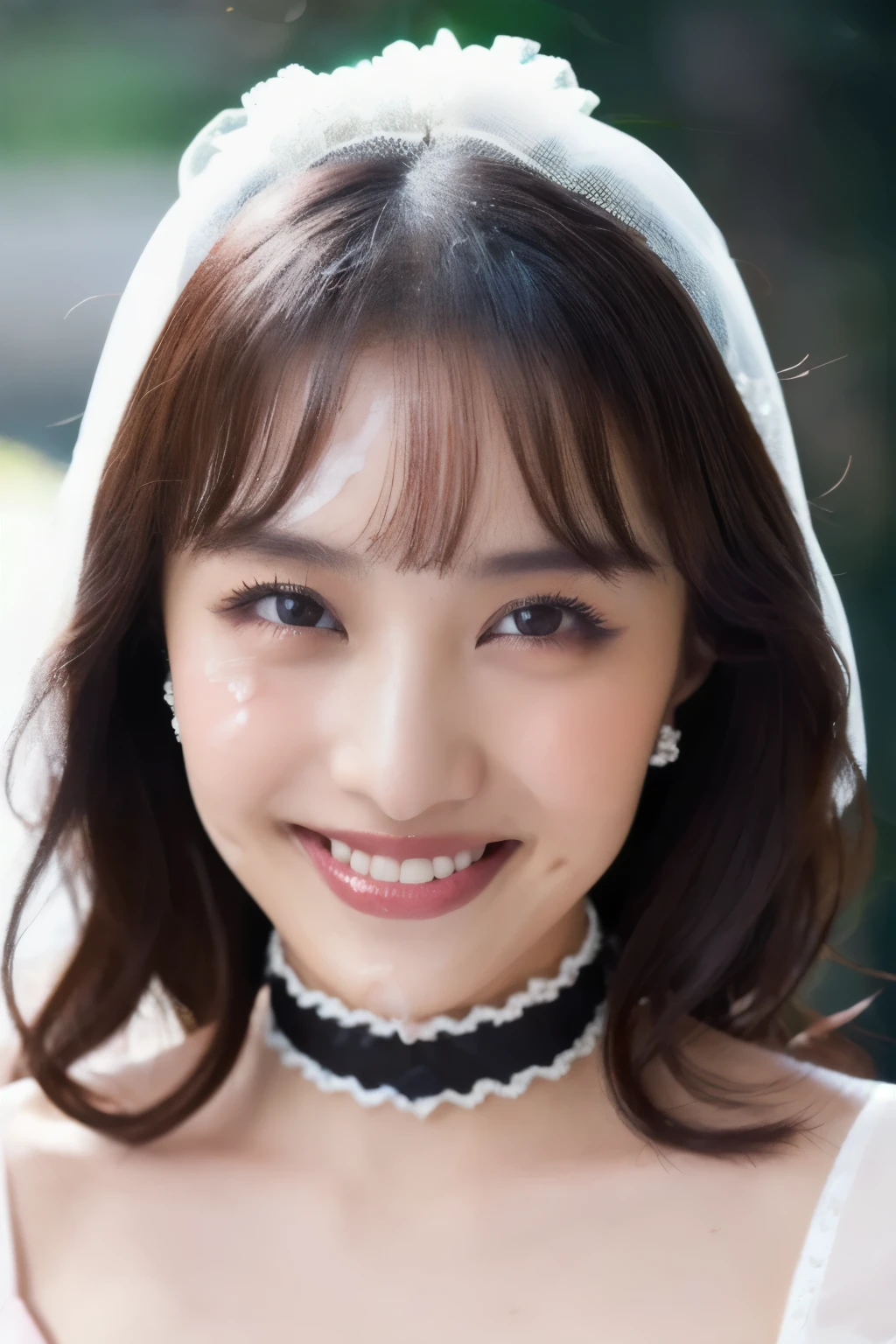(( pink wedding dress)), (( Japanese girl))、(masterpiece, top quality, The beautiful quality of , photorealistic , detailed lighting , Extremely detailed skin, Extremely Detailed Hair ,8k, black hair, upper body, One Girl , smile, Watch Viewers , Dimples, Dimpless on cheeks, fc portrait:1.2), choker、 off shoulder、Accurate Eyes、 in ultra high quality、、( face covered in semen :1.2)、 face close-up 、