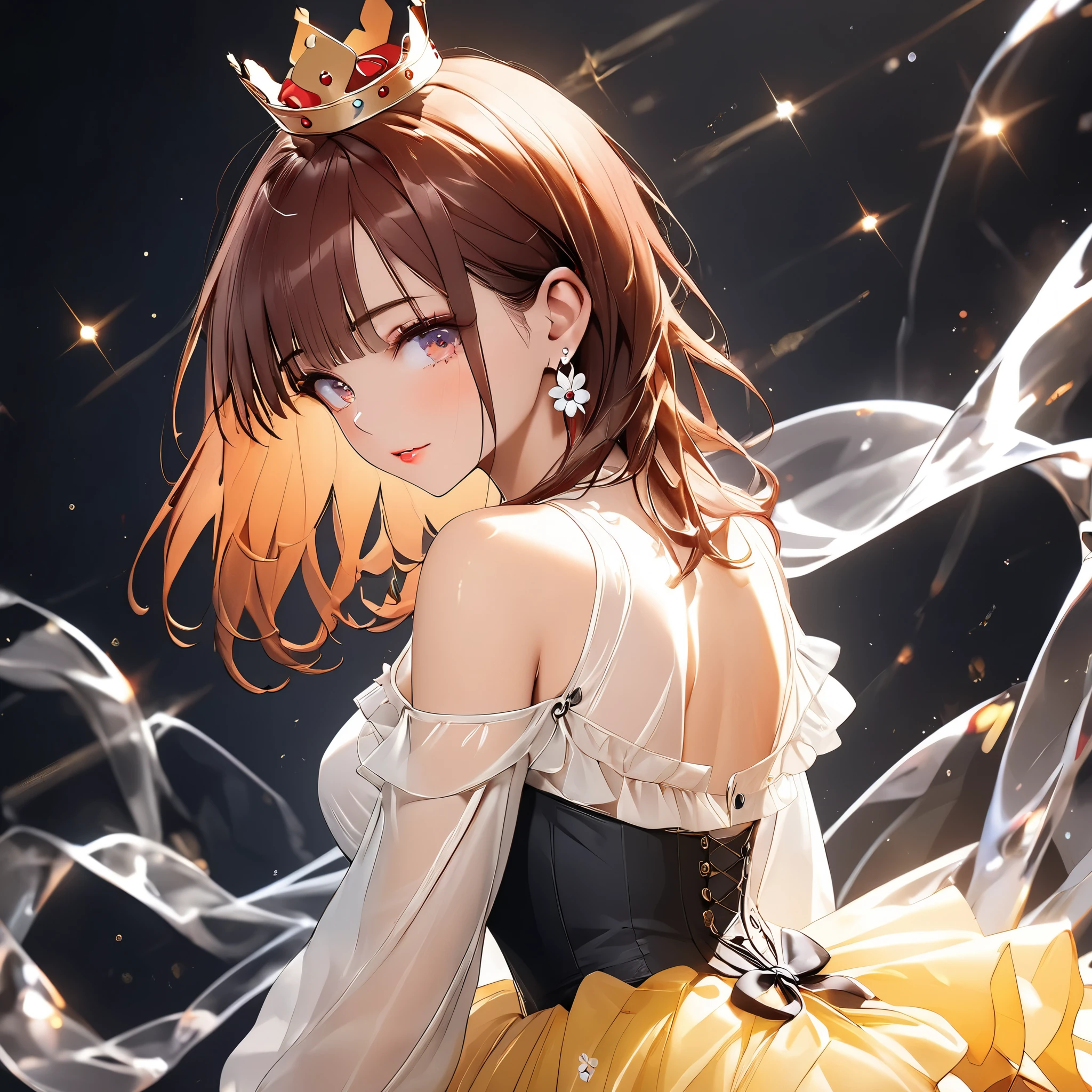 (beautiful girl:1.3),1girl,masterpiece,Highest quality,Ultra-high resolution,rich contrast,super high quality,8k,Highly detailed CG unit wallpaper,texture,Incredibly absurd,Ultra-high resolution,Highest quality anime,professional photograph,an extremely delicate and beautiful,RAW Photos,Depth of Field 1.2,ultra-detailed eyes,Glitter Effect,Beautiful glossy lips, 25years old, gorgeous legs, noise perfect, gorgeous , , background random, ( Looking Back), gorgeous , dynamic pose, skinny jeans, (translucent white blouse), long sleeves, low back, no bra, sensual woman,  woman, mature woman, Milf, maternal, shy look, full body, 1girl, hud_crst_prncss_drss, yellow short dress, corset, flower buttons,  shoulders, orange frills, crown, daisy earrings, reddish brown hair, long reddish brown hair, 