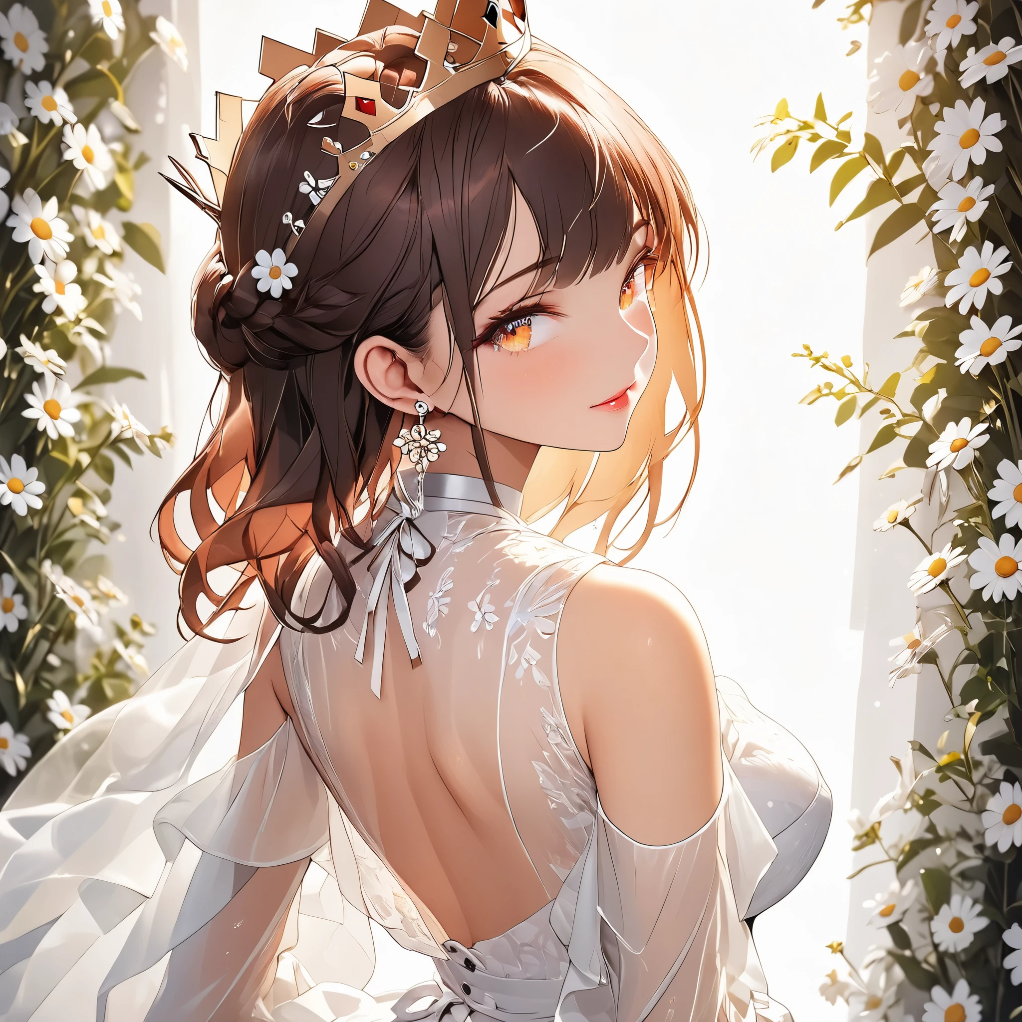 (beautiful girl:1.3),1girl,masterpiece,Highest quality,Ultra-high resolution,rich contrast,super high quality,8k,Highly detailed CG unit wallpaper,texture,Incredibly absurd,Ultra-high resolution,Highest quality anime,professional photograph,an extremely delicate and beautiful,RAW Photos,Depth of Field 1.2,ultra-detailed eyes,Glitter Effect,Beautiful glossy lips, 25years old, gorgeous legs, noise perfect, gorgeous , , background random, ( Looking Back), gorgeous , dynamic pose, skinny jeans, (translucent white blouse), long sleeves, low back, no bra, sensual woman,  woman, mature woman, Milf, maternal, shy look, full body, 1girl, hud_crst_prncss_drss, yellow short dress, corset, flower buttons,  shoulders, orange frills, crown, daisy earrings, reddish brown hair, long reddish brown hair, 