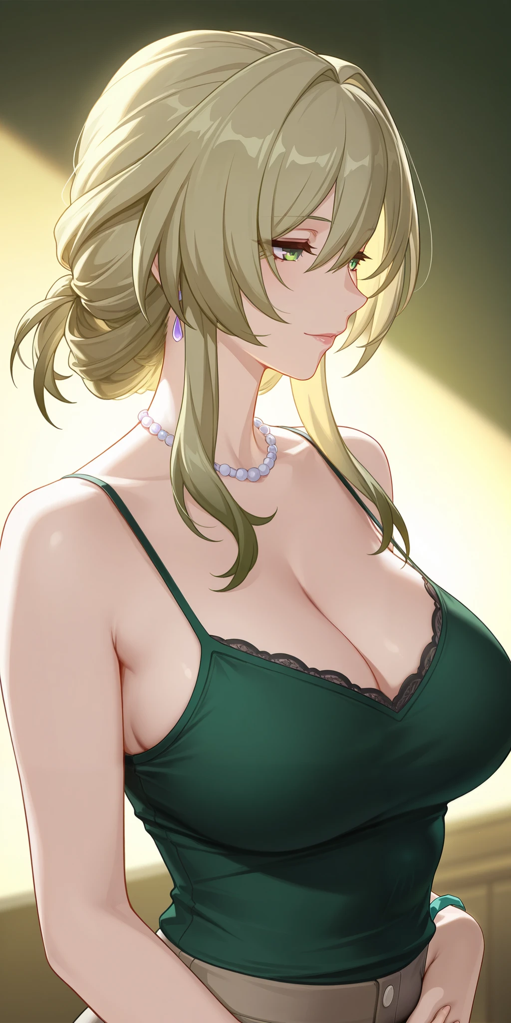masterpiece, best quality, mature woman, milf, blonde hair, chignon hair, camisole, honkai: star rail cg style, upper body, dynamic lighting, green dark colour costume