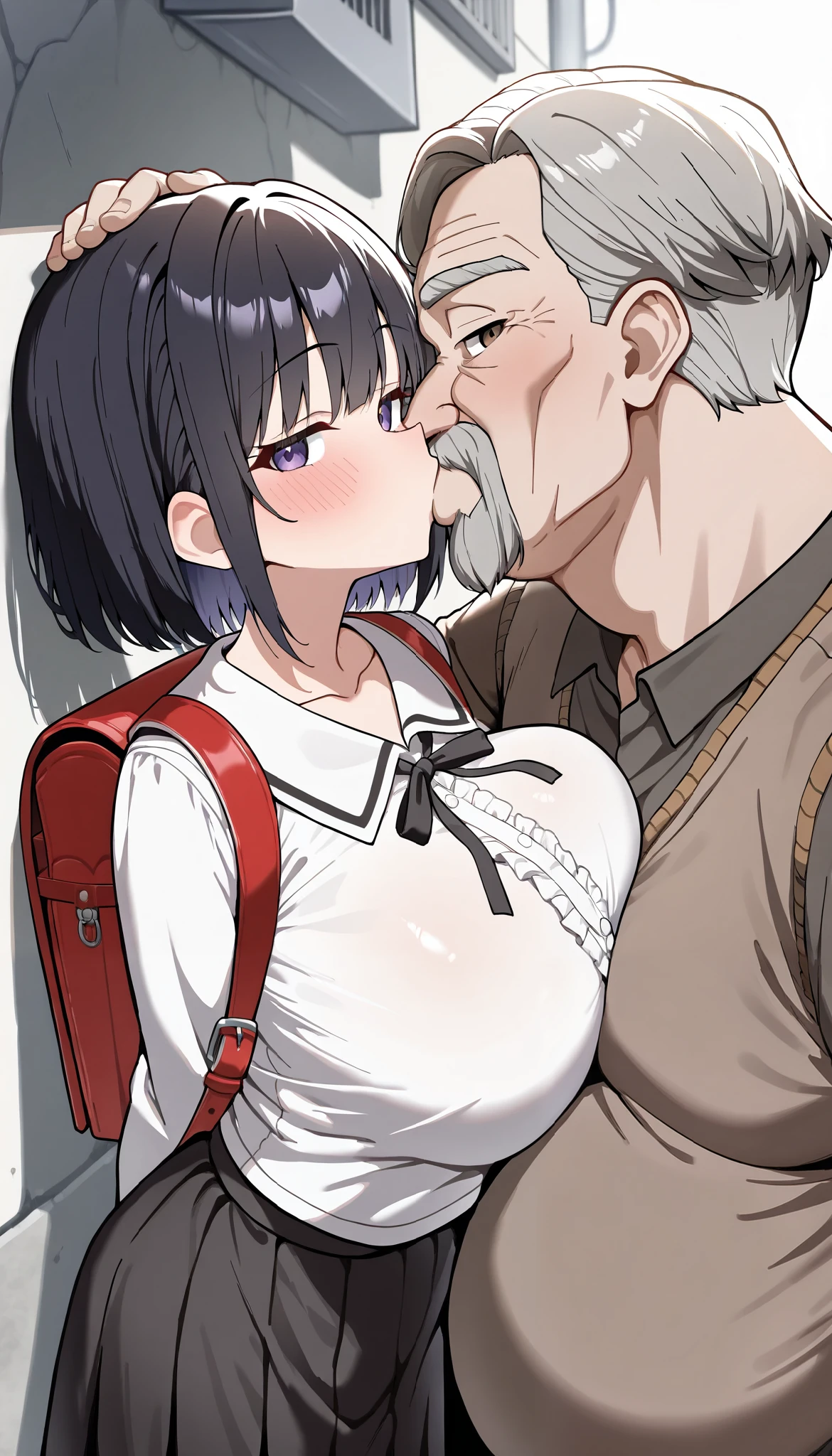 (( best quality )), ((Masterpiece)), ( Details), 1 girl, black short hair skirt, bob cut, staring at the viewer , huge breasts, slender, ( blouse), blouseのインナーにうっすら見えるブルーブラジャー,(An in the lower grades :1.3), randoiful Skin , nsfw, alley,(Give a deep kiss with the old man in front of you:1.3), fat old man,( uncle:1.3),Wall-don,Can you pat me on the head
