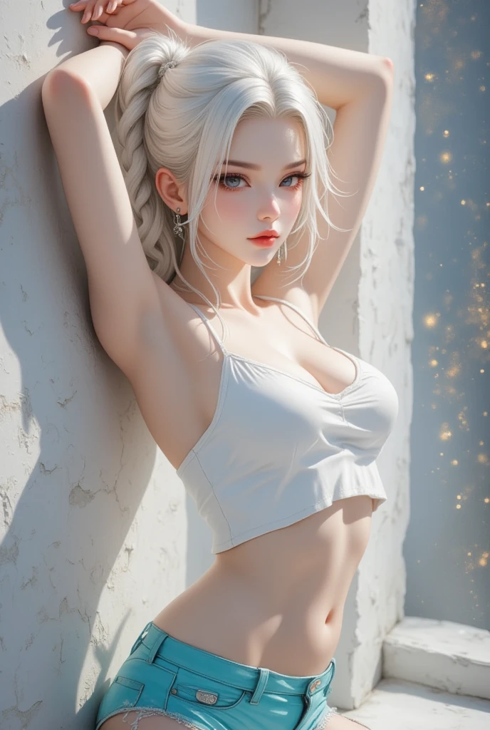 realisticlying, A high resolution, 1 Women, Alone, hip-up,(ta costume)， pretty eyes, White hair, eye socket, collared shir,,. 🖤,(((fullnude))),(Spread legs:1.4),sexy,(((arms wide open))), look at viewer, (((Do not hide the lower body))),Wide open crotch:1.3, ((high detailed vagina))