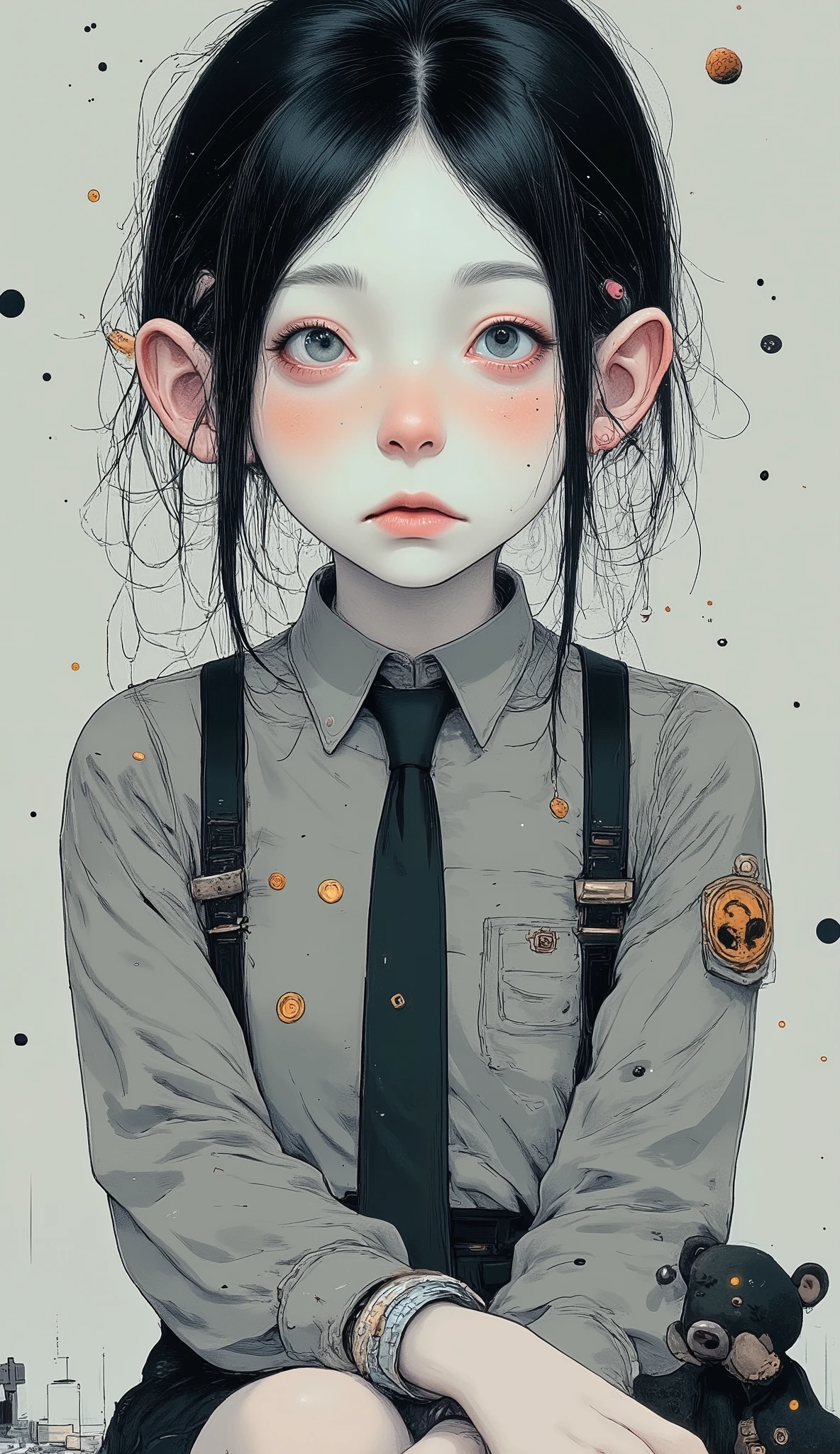    Anatomically Correct   ,Manga style:1.5,  Close-up of a young woman with tattoos on her arms and left cheek,  brow length bangs  , light eyes,  her head tilted slightly downwards  ,  looking at the camera  ,  boucles sur les côtés de sa tête  ,  wears long hair with braids Care  , cabello negro,  boucles d'oreilles dans chaque oreille  ,  elle appuie son menton avec les deux mains  ,  she wears rings  ,  tie suit on the top and shoulders  ,  jupe courte moulante  ,  long half-transparent black hair  , bracelets on her hands,  has a black teddy bear on her knees  ,  gray background with different brushstrokes  , gothic style:1.3, sombre, Your expression is one of sadness  ,  digital art by Hikari Shimoda   , dans CGSociety  ,  surréalisme pop   ,  low quality pop surrealism  ,  surréalisme pop   low quality art style, Beeple y Jeremiah Ketner,  Japanese pop surrealism  , Cute kawaii, low quality art,  bel art détaillé  ,  illustration in the style of Guweiz  ,  surrealist pop art style 