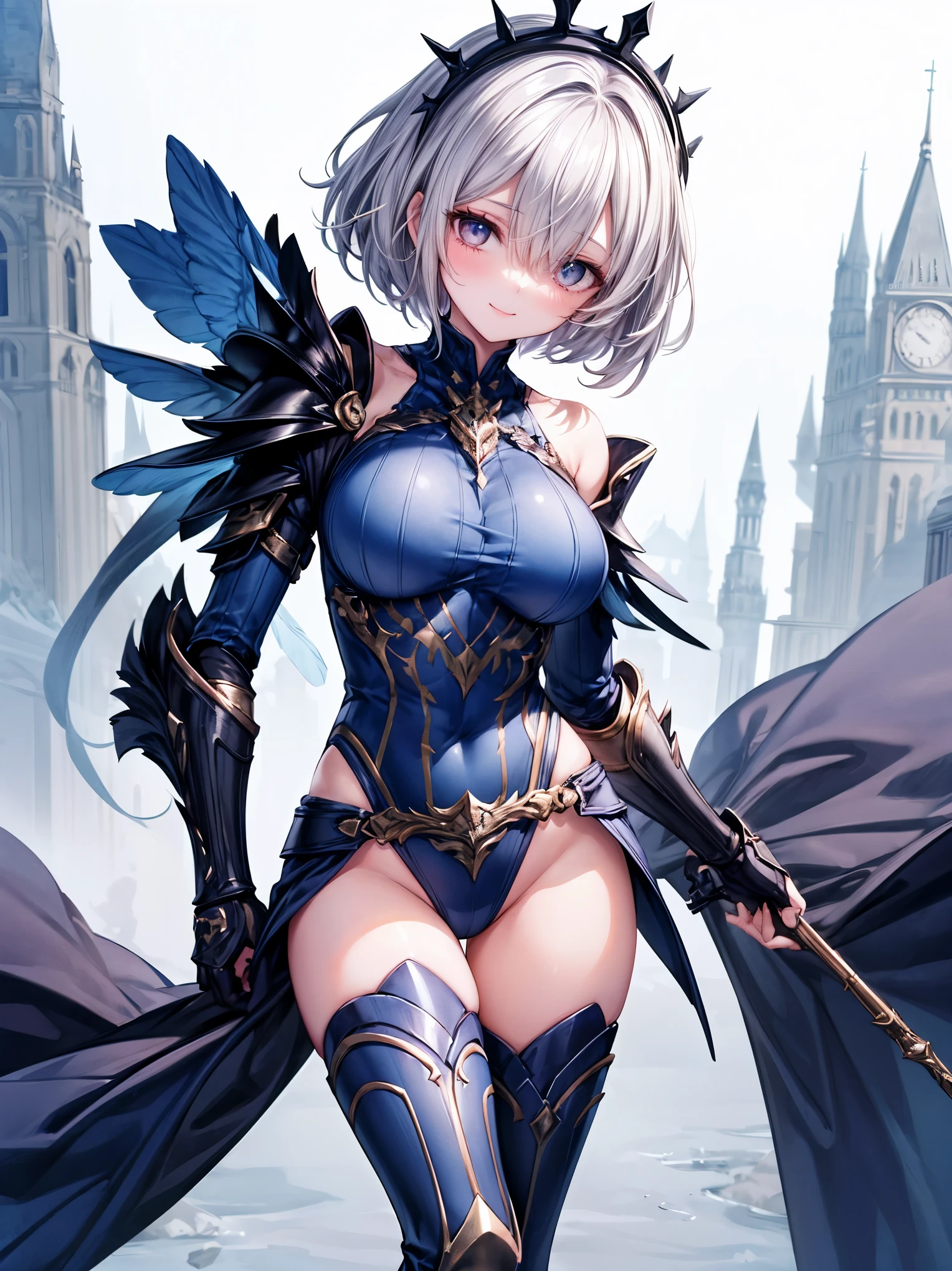 fantasy, 1girl,young_teen, ,silver_hair, short_hair, long_bangs, bare_shoulder,thighhighs,silver_armor, waist_armor, large_breasts,half_eyes,floating, bare_crotch, headgear,gauntlet, greaves,city_background,slightly_spread_legs, solo, groin_naked,(hair_over_one_eye:1.5),rise_knee,rise_leg,light_smile,